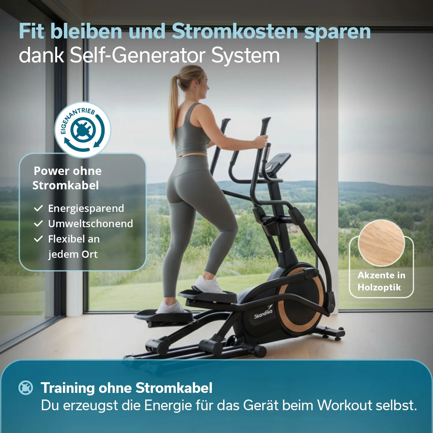 Frau trainiert auf einem Ellipsentrainer vor großen Fenstern mit Blick auf eine grüne Landschaft.