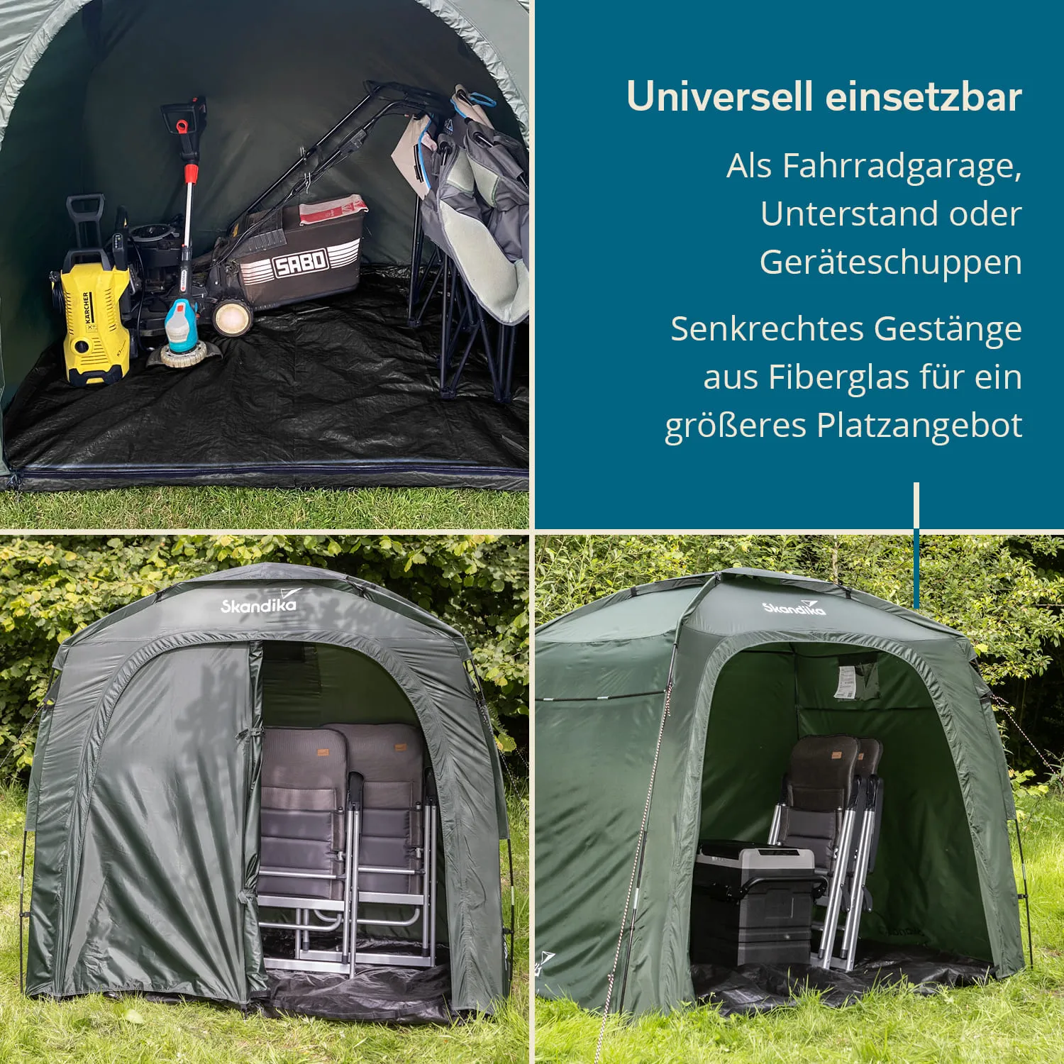 Grünes Zelt mit unterschiedlichen Perspektiven, Möbeln und Geräten im Inneren. Zubehör wie Gartenwerkzeuge sichtbar.