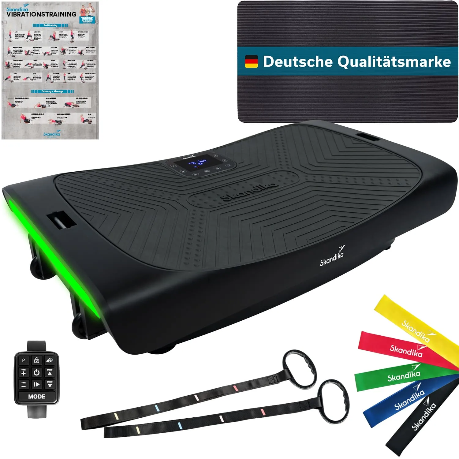 Vibrationsplatte mit Display, grüner Beleuchtung, zwei Widerstandsbändern in verschiedenen Farben und Bedienungsfernbedienung.