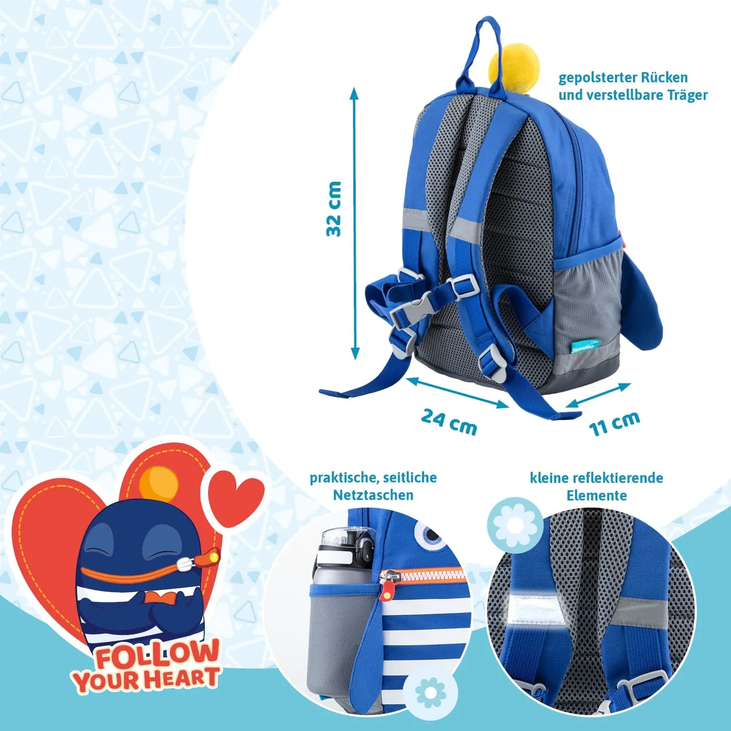 Rucksack in Blau mit gepolstertem Rücken, verstellbaren Trägern und seitlichen Netztaschen. Maße: 32 cm hoch, 24 cm breit, 11 cm tief.