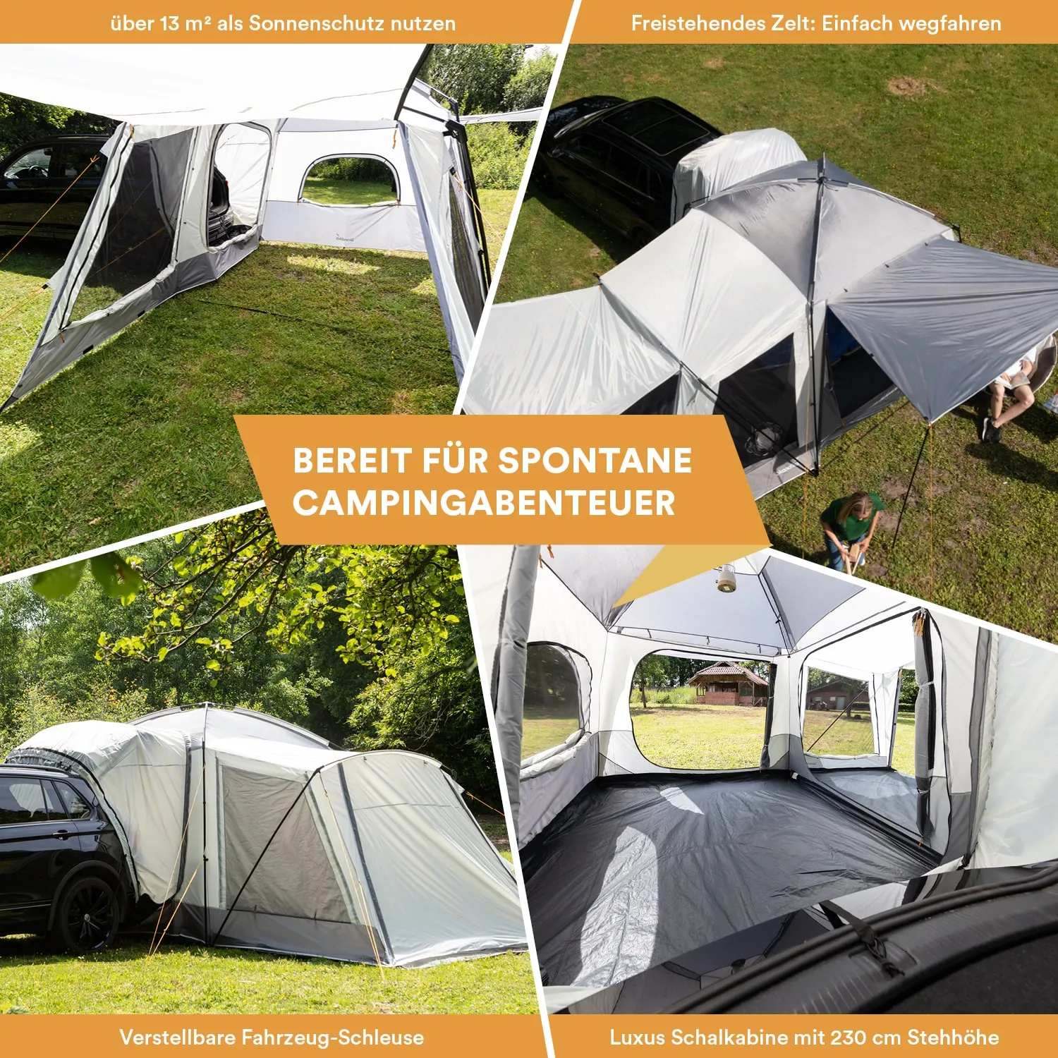 Vielseitiges Campingzelt mit separater Fahrzeugschleuse, großen Fenstern und großzügigem Innenraum auf Grünfläche.