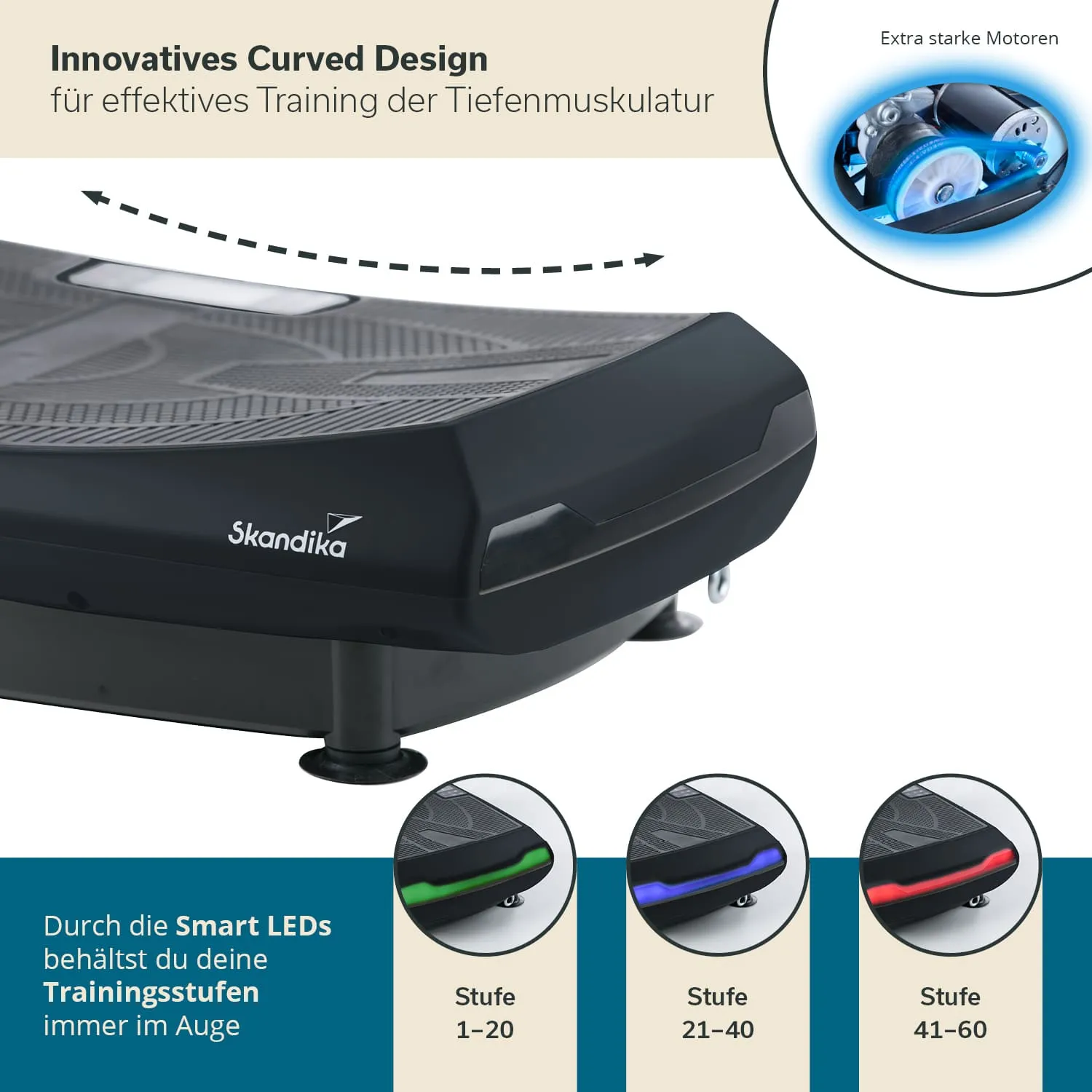 Schwarze Vibrationsplatte mit curved Design, ausgestattet mit LED-Anzeigen für Trainingsstufen, Label „Skandika“.