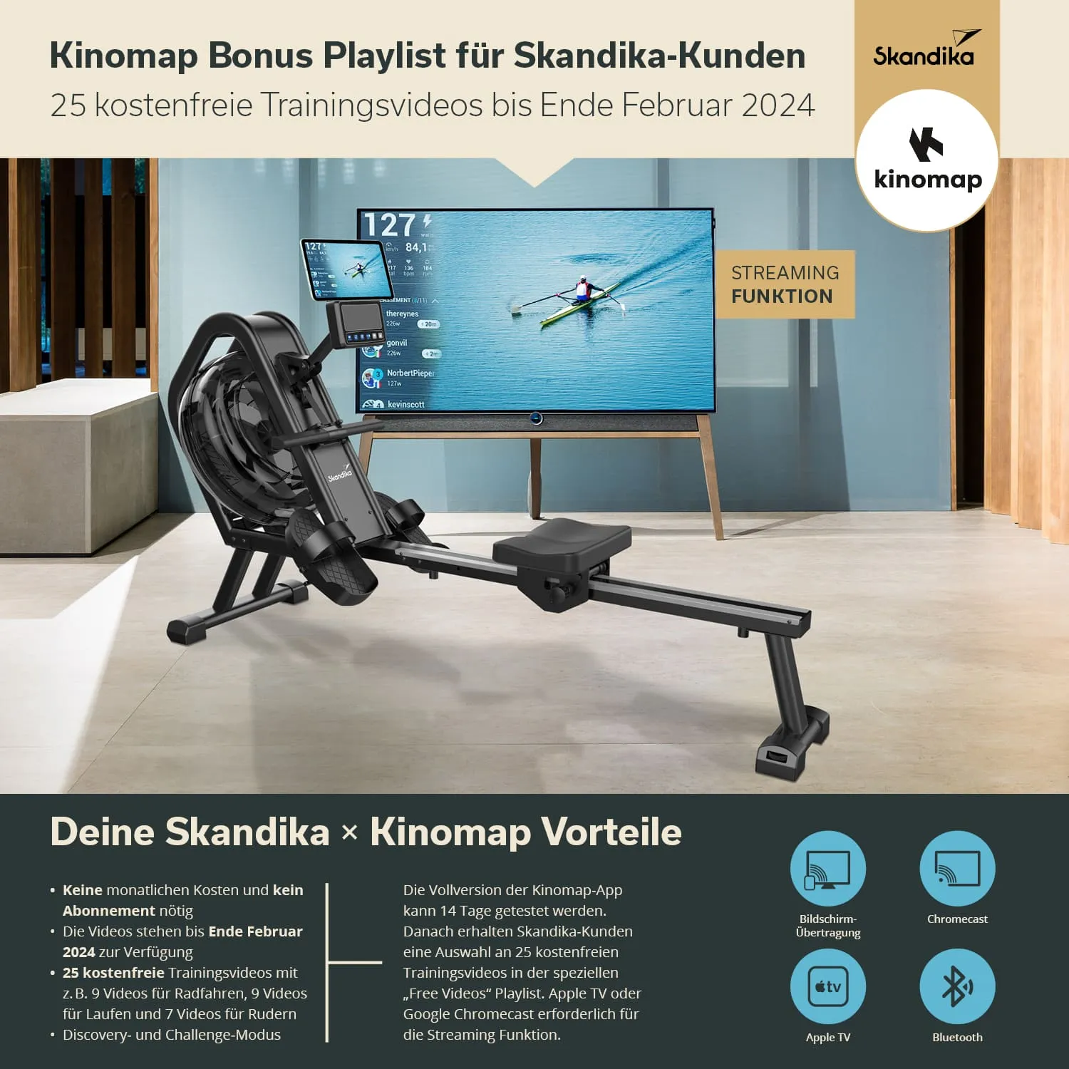 Rudergerät vor einem Fernseher, Informationen zu Kinomap-Trainingsvideos für Skandika-Kunden, Vorteile von Streaming-Funktionen.