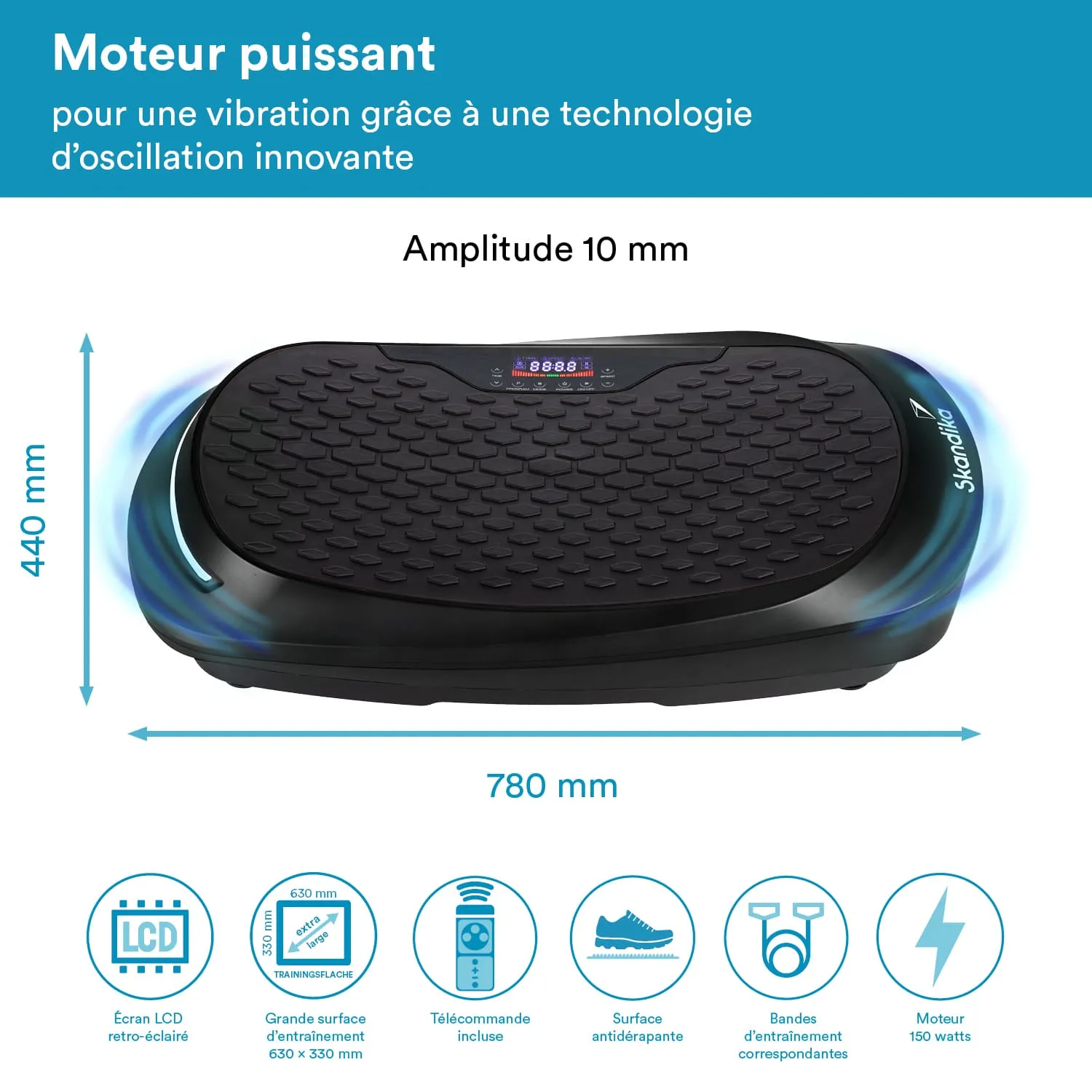 Vibrationsplatte in Schwarz mit rutschfester Oberfläche, LCD-Bildschirm und Abmessungen 780 mm x 440 mm.