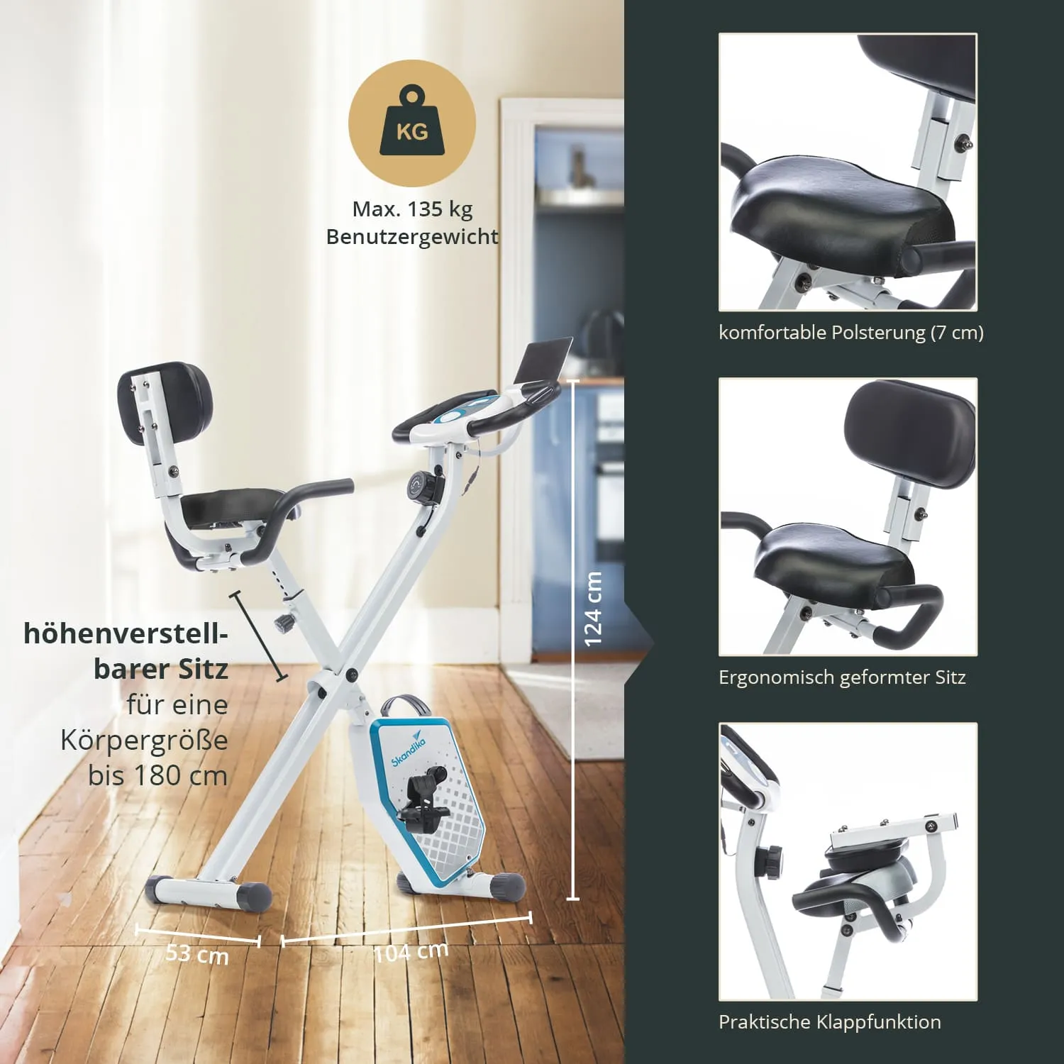 Faltbares Fitnessgerät mit ergonomisch geformtem, höhenverstellbarem Sitz und Polsterung. Maße: 124 cm hoch, 104 cm lang, 53 cm breit.