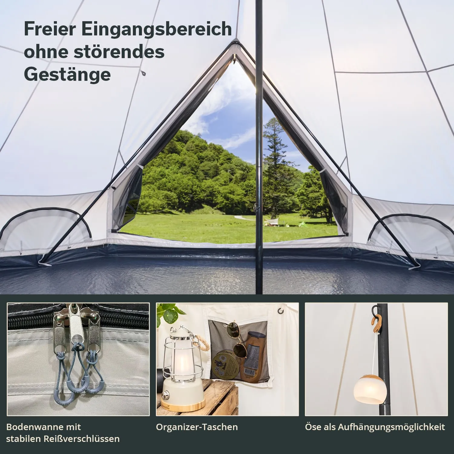 Zelt mit großem Eingang und sichtbarem Freiraum. Innen sind Organizer-Taschen, eine Lampe und Aufhängemöglichkeiten. Grüne Wiesenlandschaft im Hintergrund.