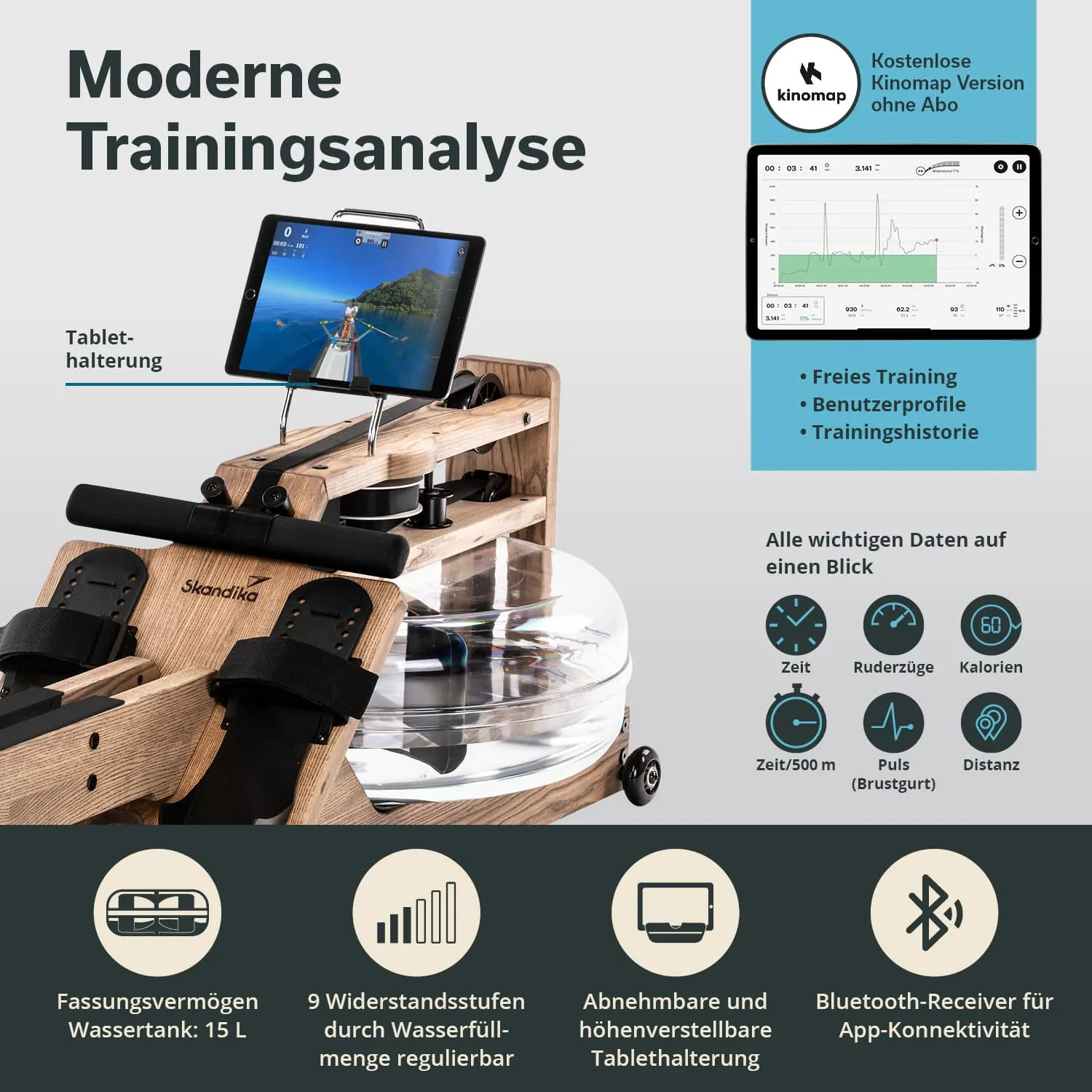 Wasser-Rudergerät aus Holz mit Tablet-Halterung. Integrierte Anzeige zeigt Trainingsdaten wie Zeit, Ruderzüge und Kalorien.