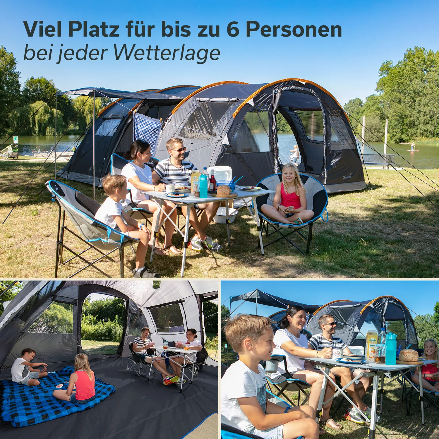 Zelt am Ufer eines Sees mit mehreren Personen. Tisch und Stühle, Kinder essen und entspannen. Sonniger Tag.