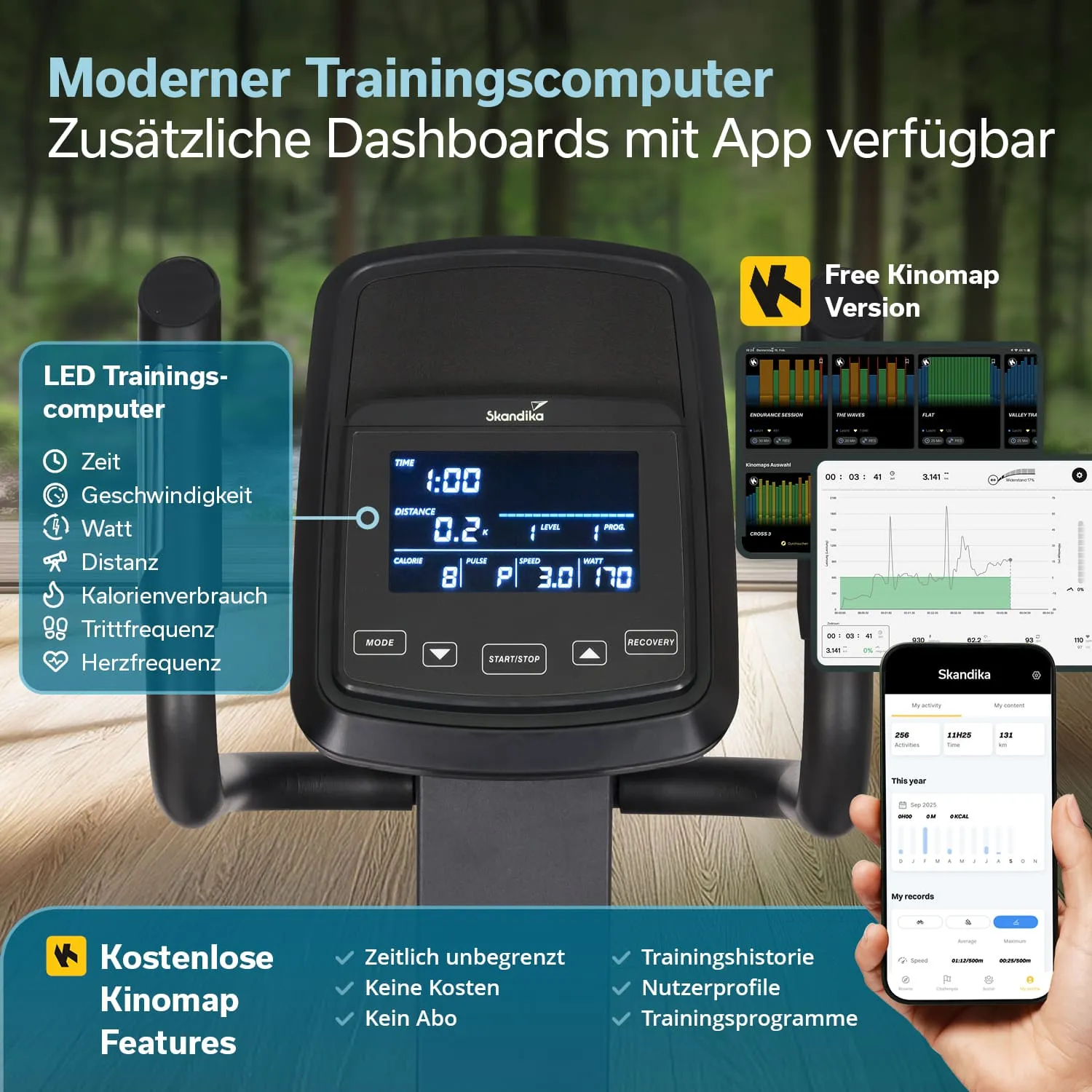 Modernen Trainingscomputer mit LED-Display. Anzeige von Zeit, Geschwindigkeit, Watt, Distanz, Kalorienverbrauch, Trittfrequenz, Herzfrequenz. App-Dashboards sichtbar.