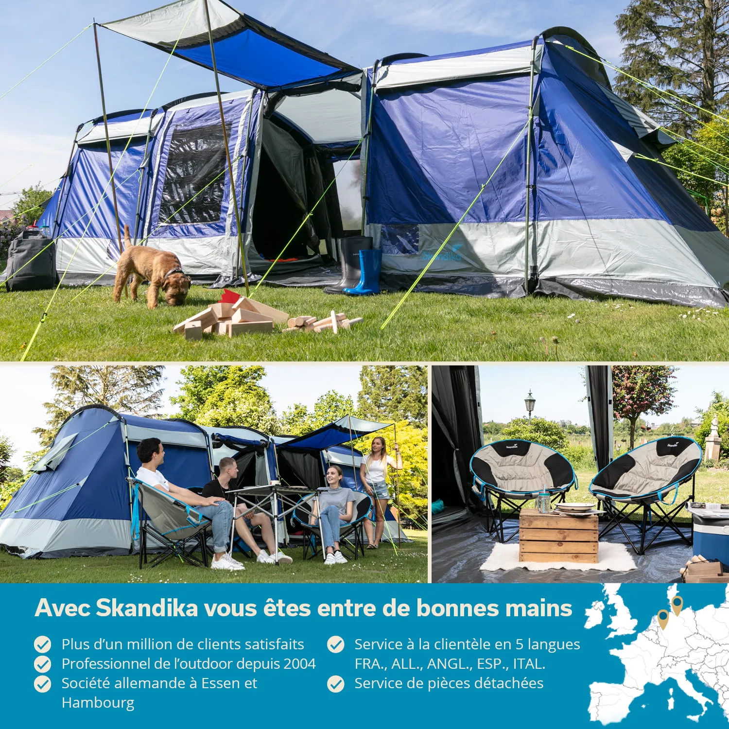 Ein großes Zelt in Blau- und Grautönen steht auf Rasen. Ein Hund schnüffelt im Vordergrund. Unten sind Personen in Campingstühlen zu sehen, umgeben von Bäumen und einer Lampe.