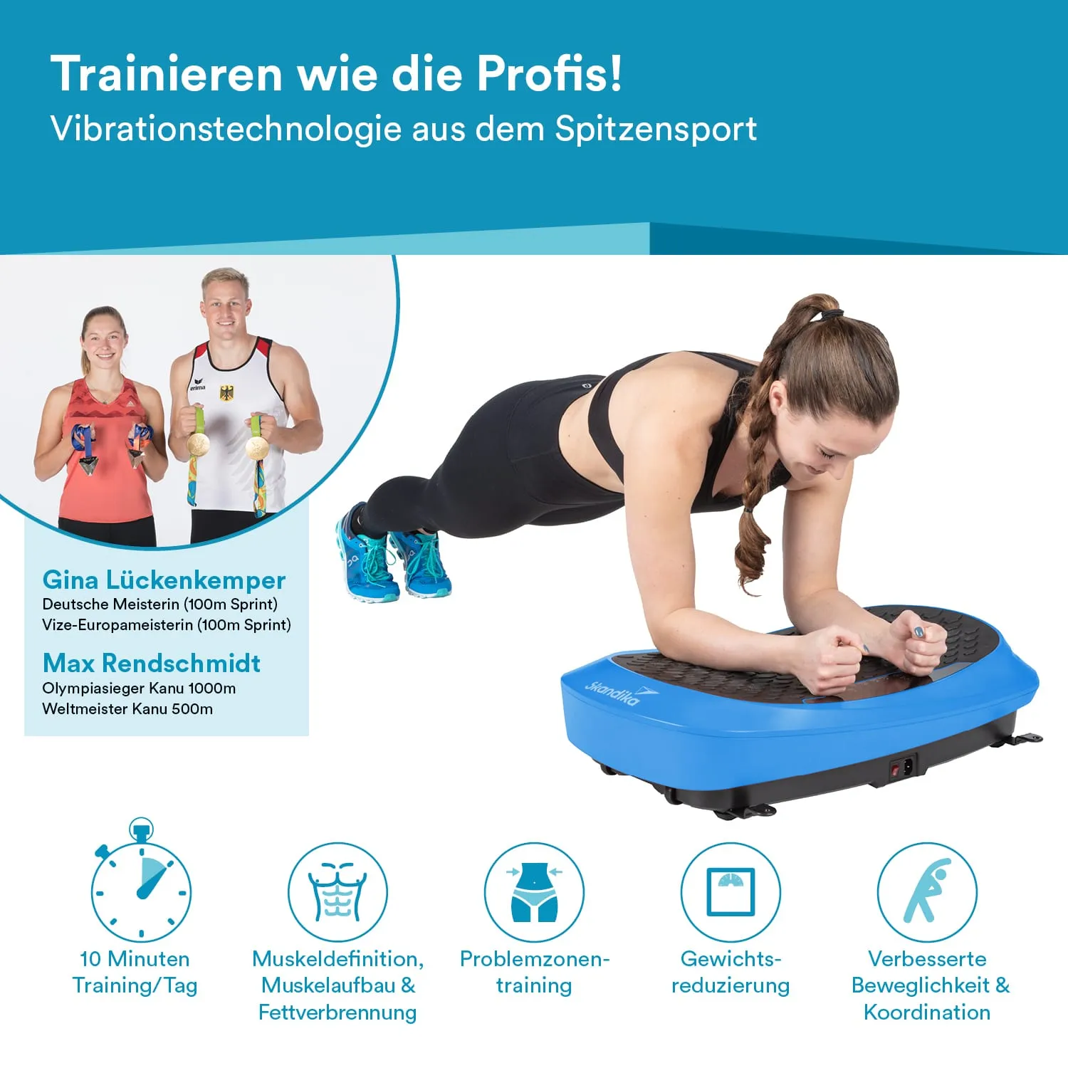 Person in Sportbekleidung macht einen Plank auf einem blauen Vibrationsgerät. Neben ihr stehen zwei Personen mit Medaillen.