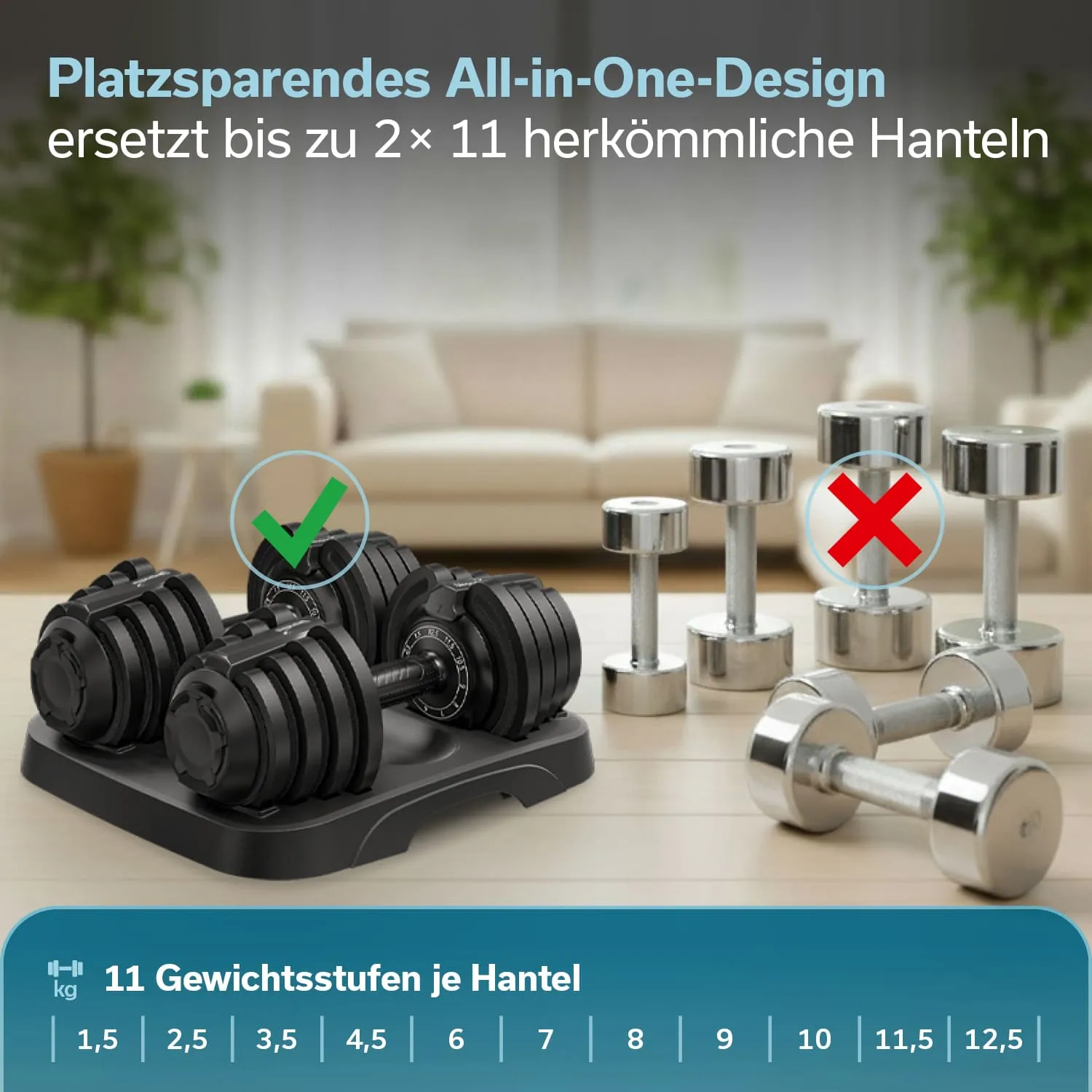 Verstellbare Hantel auf einer Ablage, umgeben von herkömmlichen Hanteln. Gewichtsangaben in kg sind sichtbar.