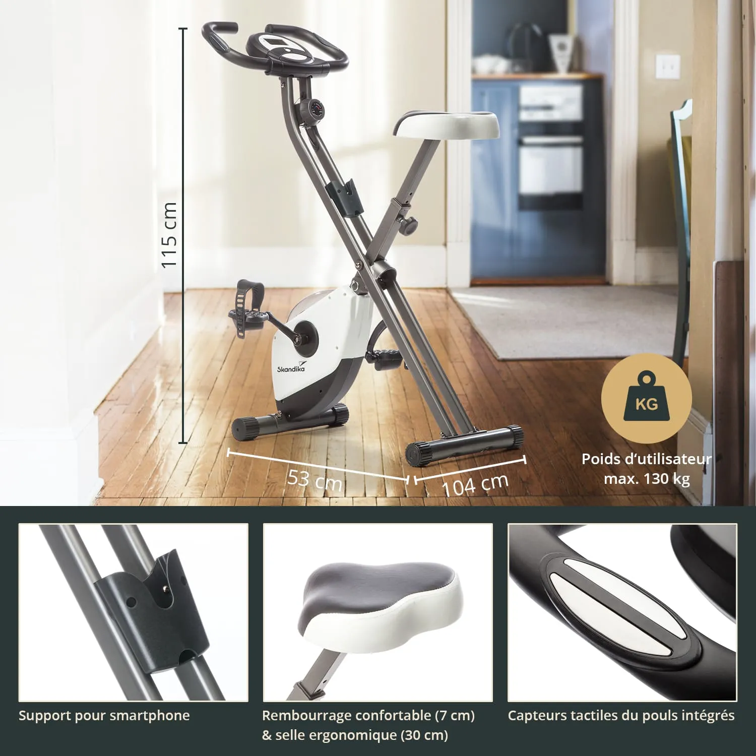 Faltbares Heimtrainer-Gerät mit ergonomischem Sattel, Smartphone-Halterung und integrierten Pulssensoren.