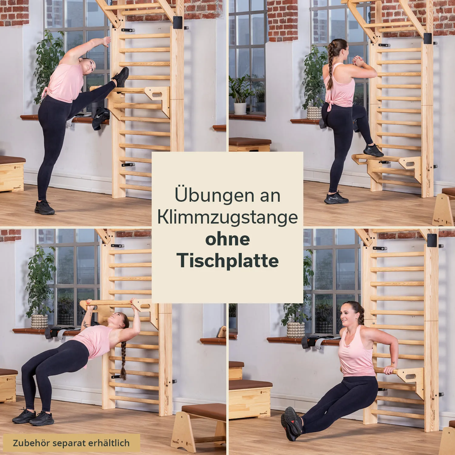 Kollage aus vier Bildern von Übungen an einer Klimmzugstange. Hintergrund mit großen Fenstern und Holzregalen.