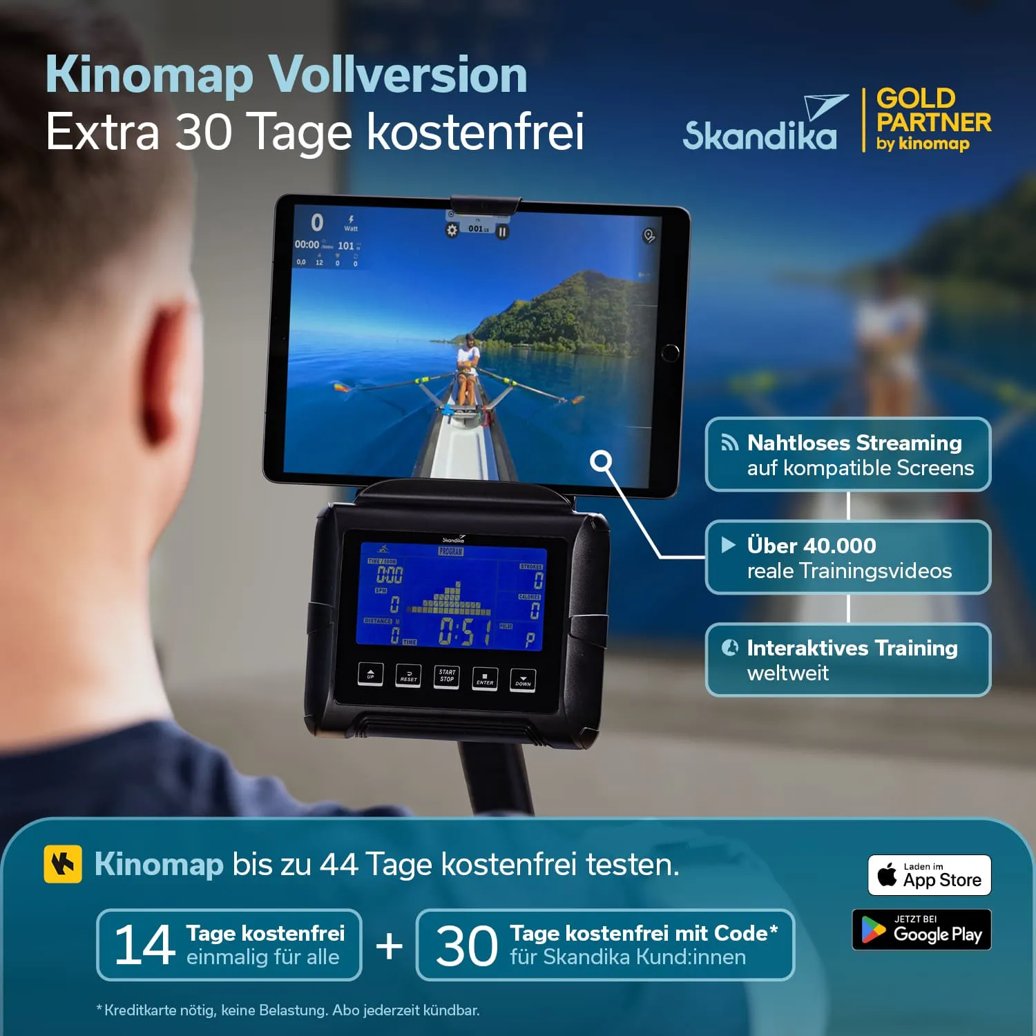 Tablet mit einem Ruderboot-Segment auf dem Bildschirm, darunter ein Fitnessgerät mit digitalem Display. Textinformationen zu Kinomap-Angeboten.