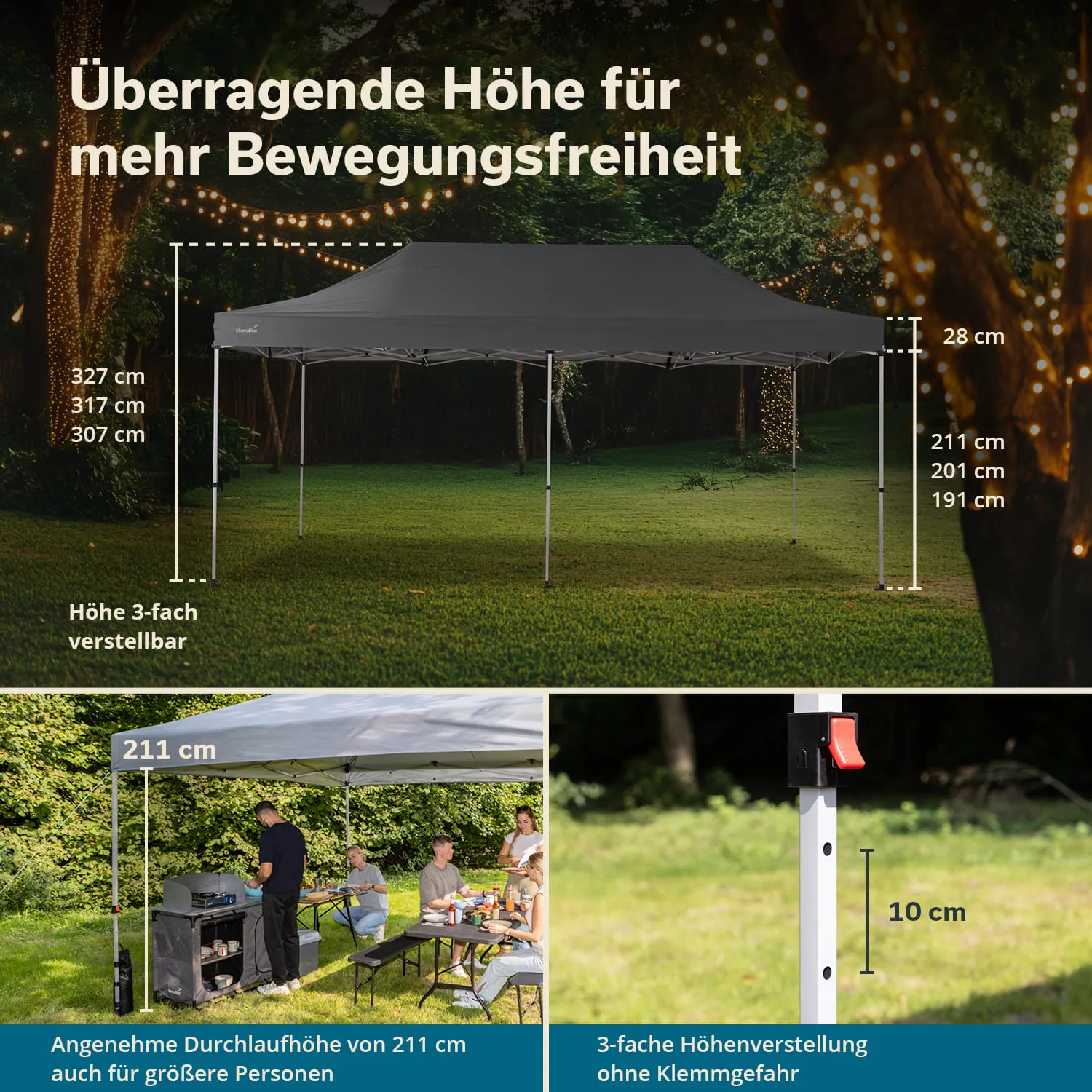 Ein graues Partyzelt auf einer Wiese mit Höhenangaben. In einem Bereich stehen mehrere Personen um einen Tisch mit Essen und Getränken. Ein Grill sieht man ebenfalls. Ein entsprechendes Bild zeigt eine Höhenverstellung ohne Klemmgefahr.