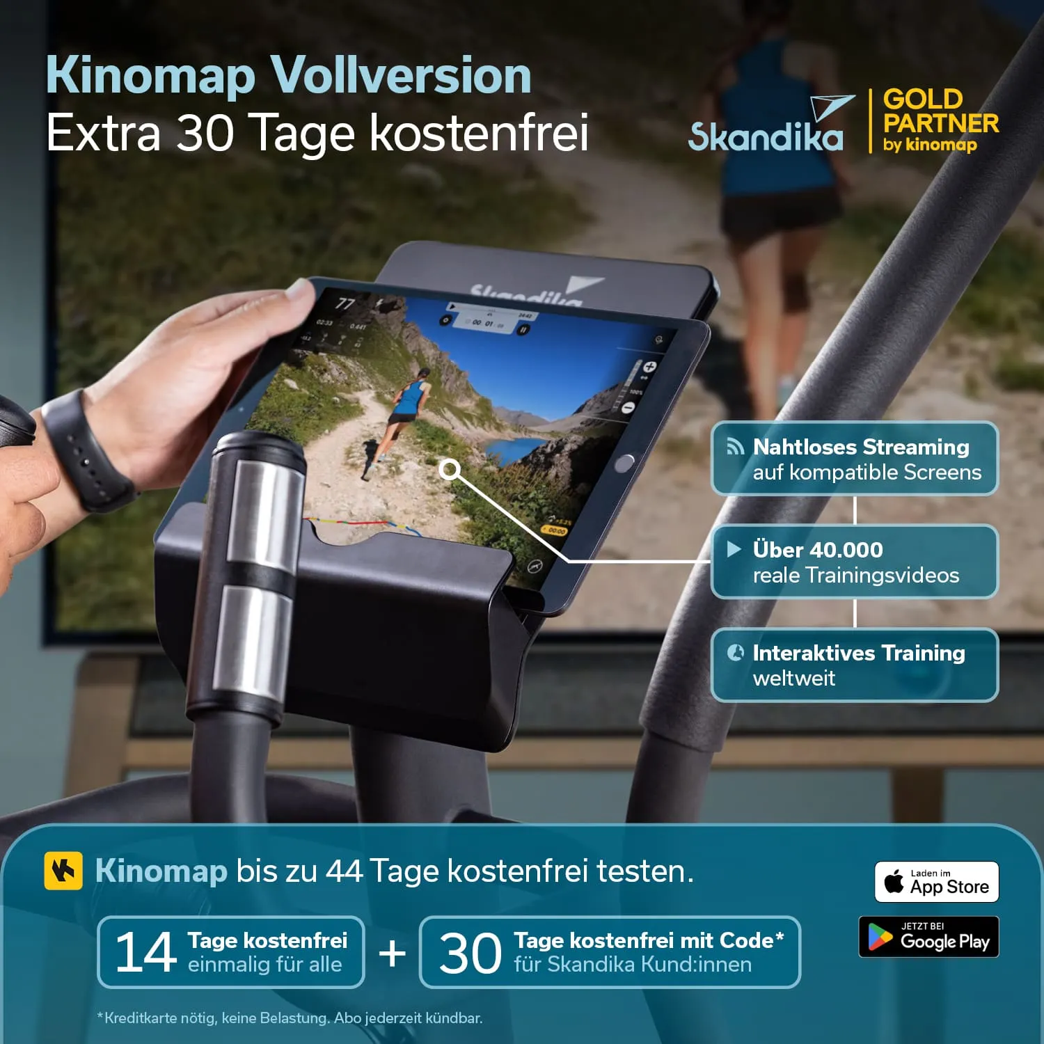 Tablet mit Trainingsvideos auf einem Gerät, Hand mit Fitnessuhr, Werbetext zu Kinomap und Skandika. Hintergrund unscharf.