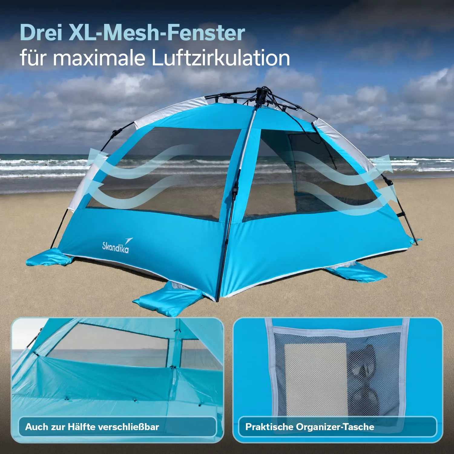 Ein türkisfarbenes Outdoor-Zelt steht auf einem Sandboden. Es misst 235 cm in der Breite, 155 cm in der Tiefe und 105 cm in der Höhe.