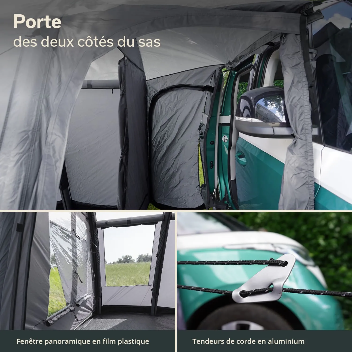 Zeltkonstruktion mit grauen Seitenwänden, Queransicht eines Fensters und Aluminiumseilhaltern. Die Autotür ist sichtbar.