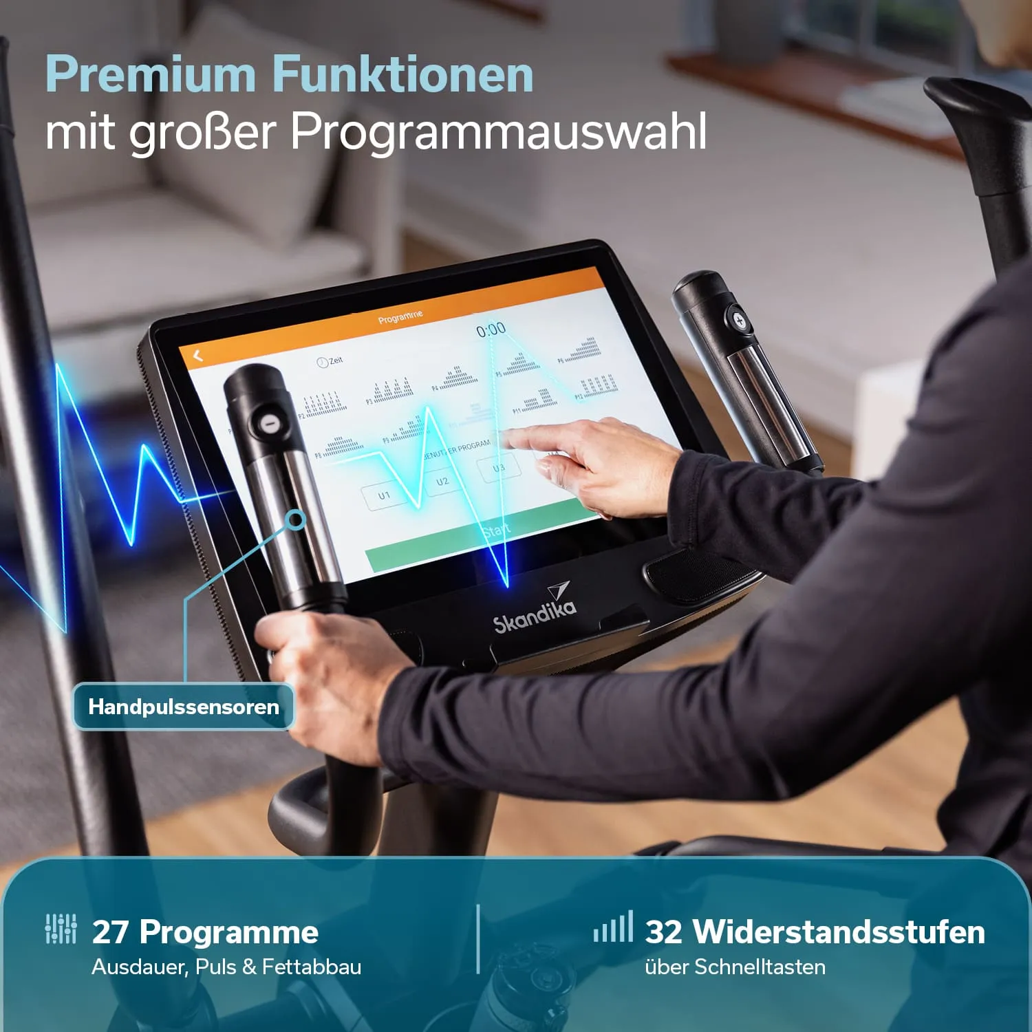 Display eines Fitnesstrainers mit programmierbarer Schnittstelle. Ein Hand sorgt für die Programmauswahl. Handpulssensoren sichtbar.