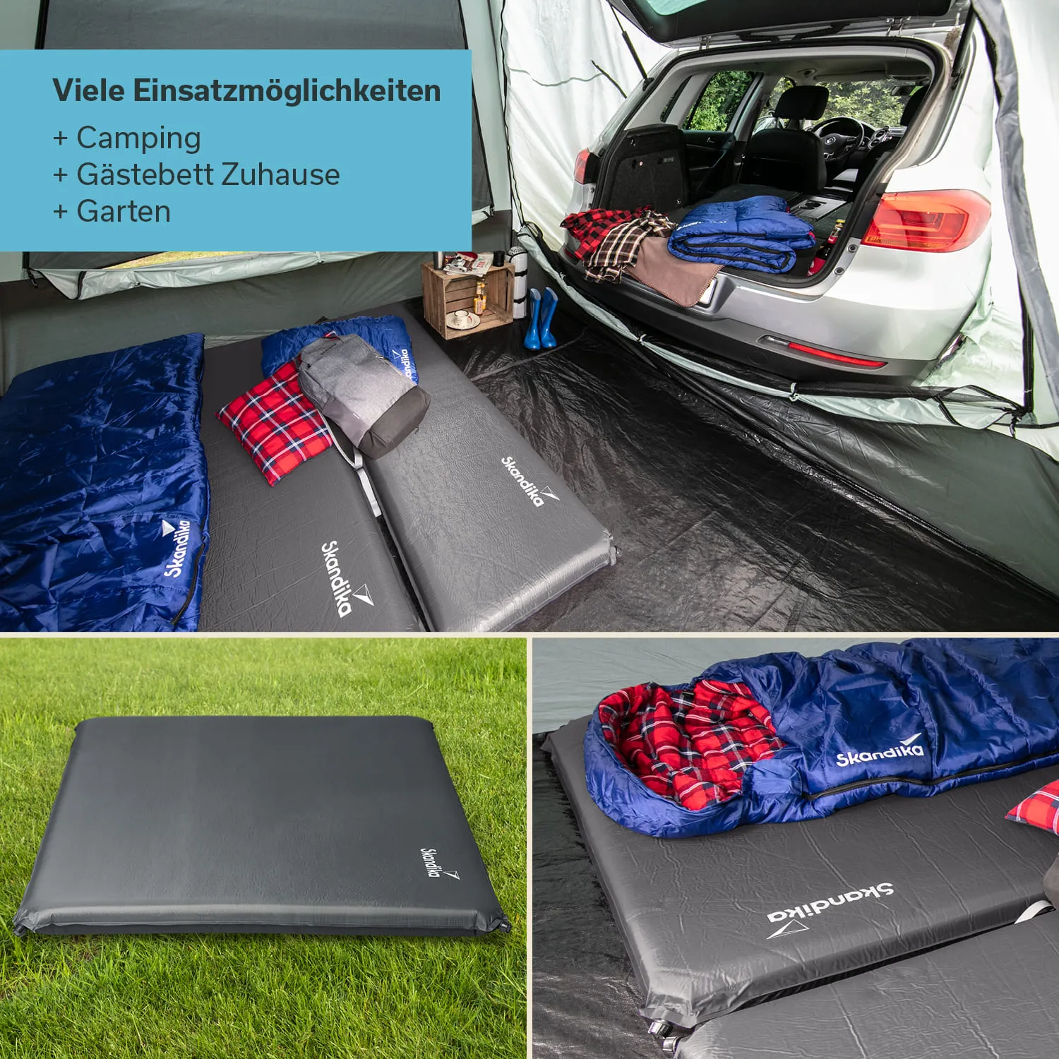 Zelt mit Matratzen, Schlafsäcken und Gepäck sowie einem Auto im Hintergrund. Unterteil mit Gras und Matratze.