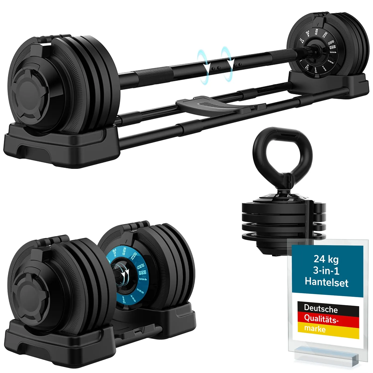 Hantelset mit verstellbaren Gewichten und einer Gesamtgewichtskapazität von 24 kg. Schwarz mit blauen Details.