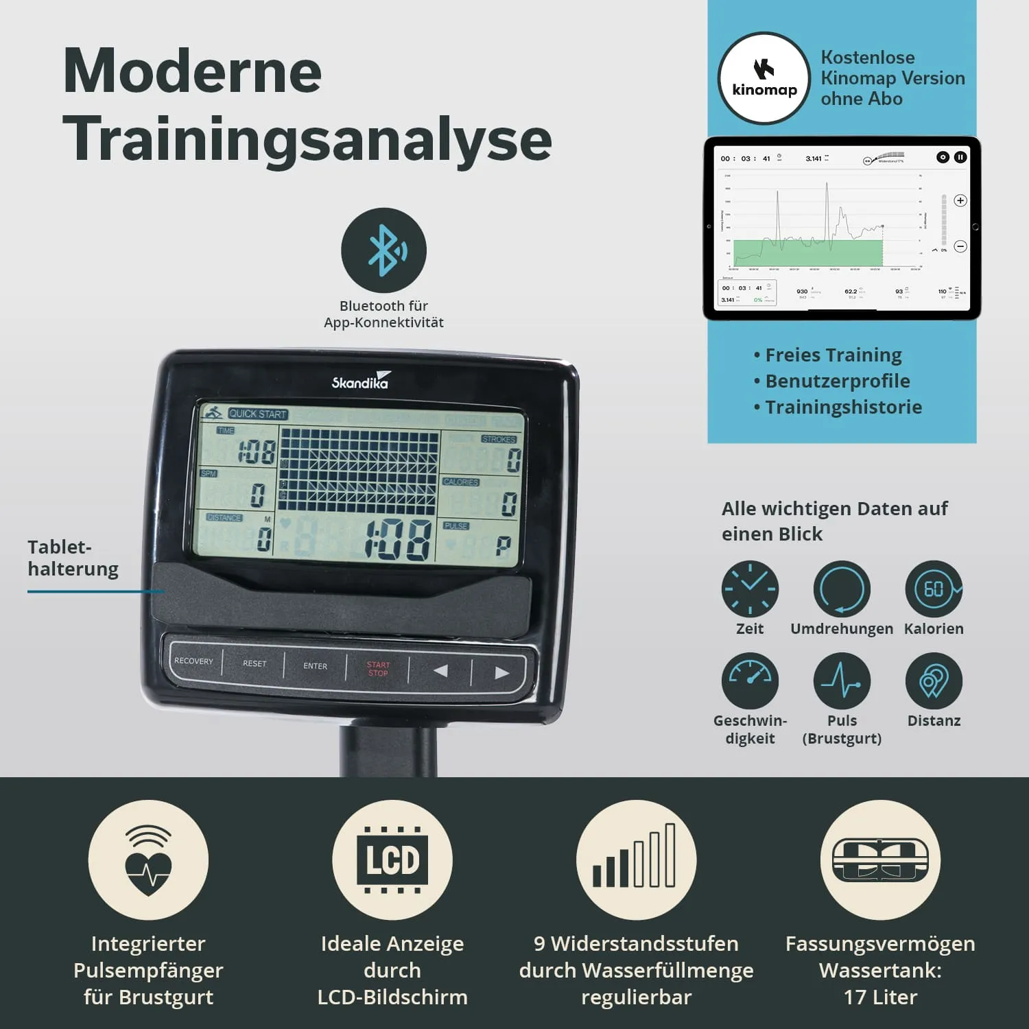 Trainingsgerät mit LCD-Bildschirm, Bluetooth, Puls- und Trainingsdaten. Zubehör: Tablet-Halterung, 9 Widerstandsstufen.