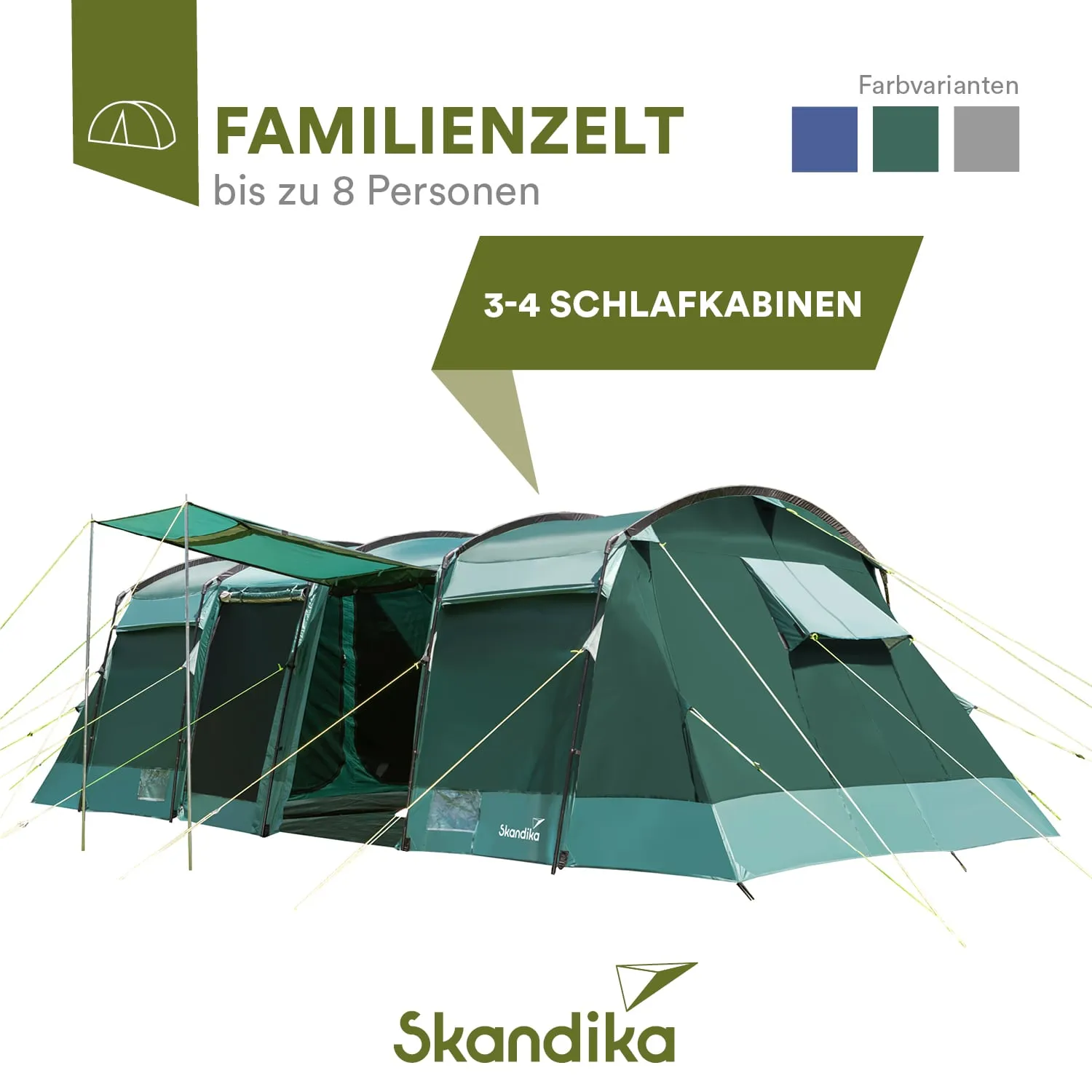 Familienzelt in Grün für bis zu 8 Personen, mit 3-4 Schlafkabinen und Farbauswahl. Markenname unten rechts.