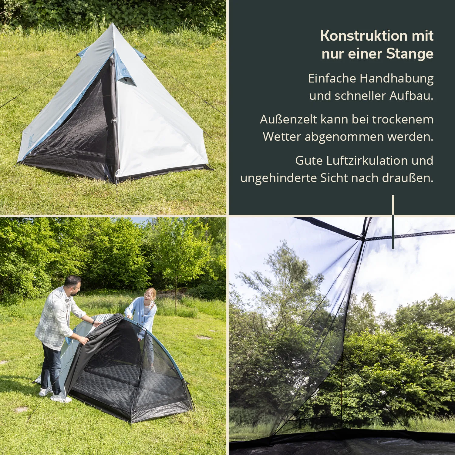 Ein Zelt steht auf einer Wiese. Es hat eine graue und schwarze Außenhülle. Unten sieht man zwei Personen, die das Zelt aufbauen. In einer oberen Ecke ist die Innenseite des Zeltes zu sehen, die eine klare Sicht nach außen zeigt.