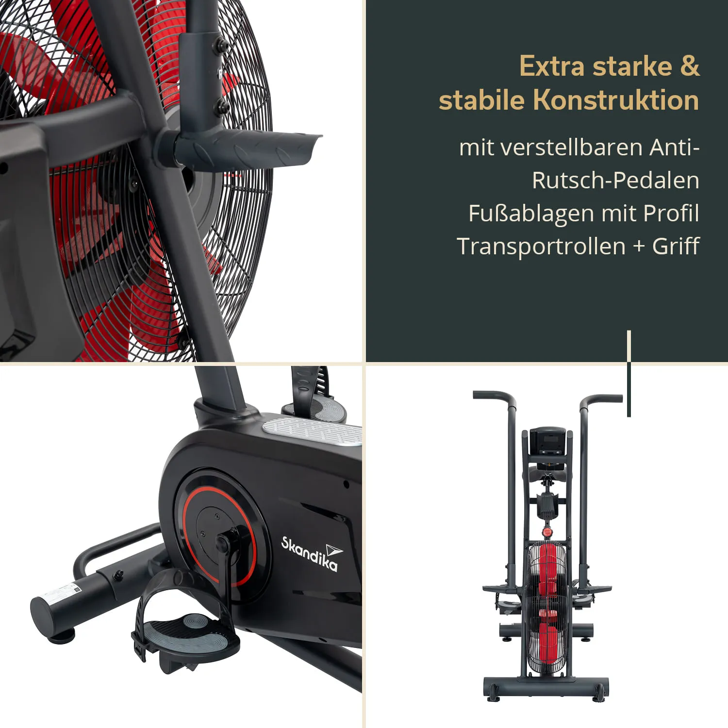 Luftzirkulationsgerät mit einem großen Ventilator, verstellbaren Pedalen und robustem Gestell. Fußablagen und Transportrollen sind sichtbar.