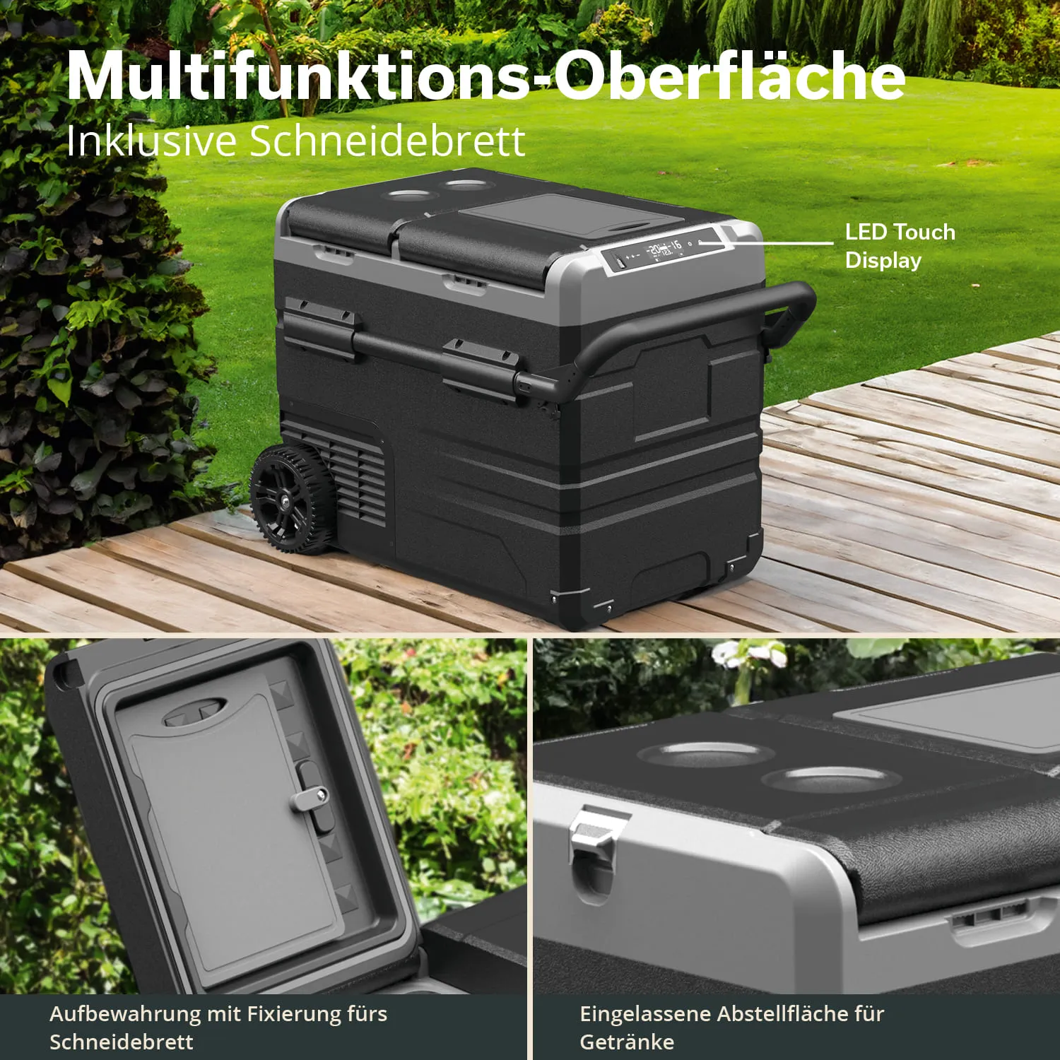 Multifunktionale Kühlbox mit Schneidebrett, LED Touch Display und Getränkehaltern, auf Holzterrasse im Garten.
