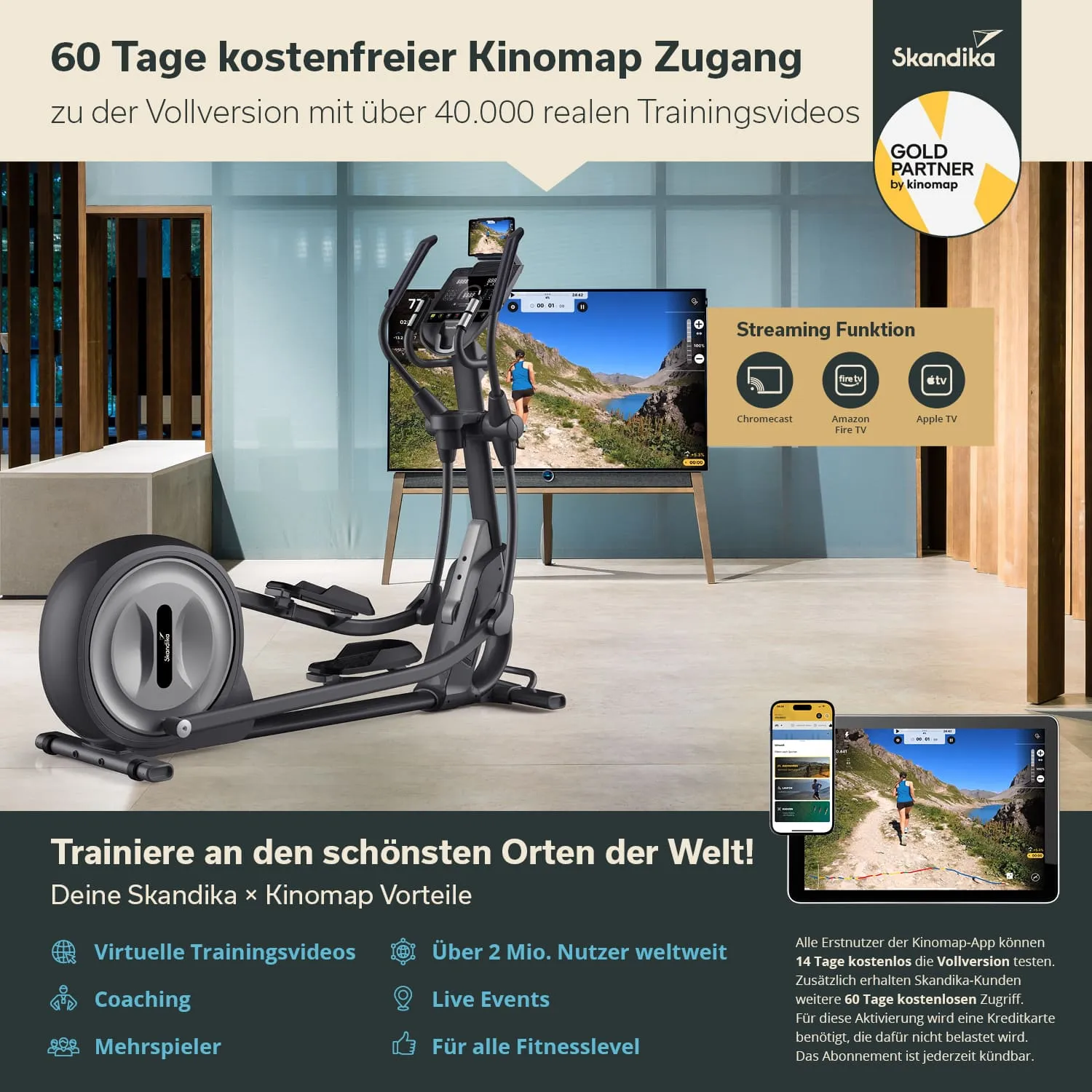Fitnessgerät in einem modern gestalteten Raum, mit Fernseher, der Naturtraining zeigt, und Smartphone mit Kinomap-App.