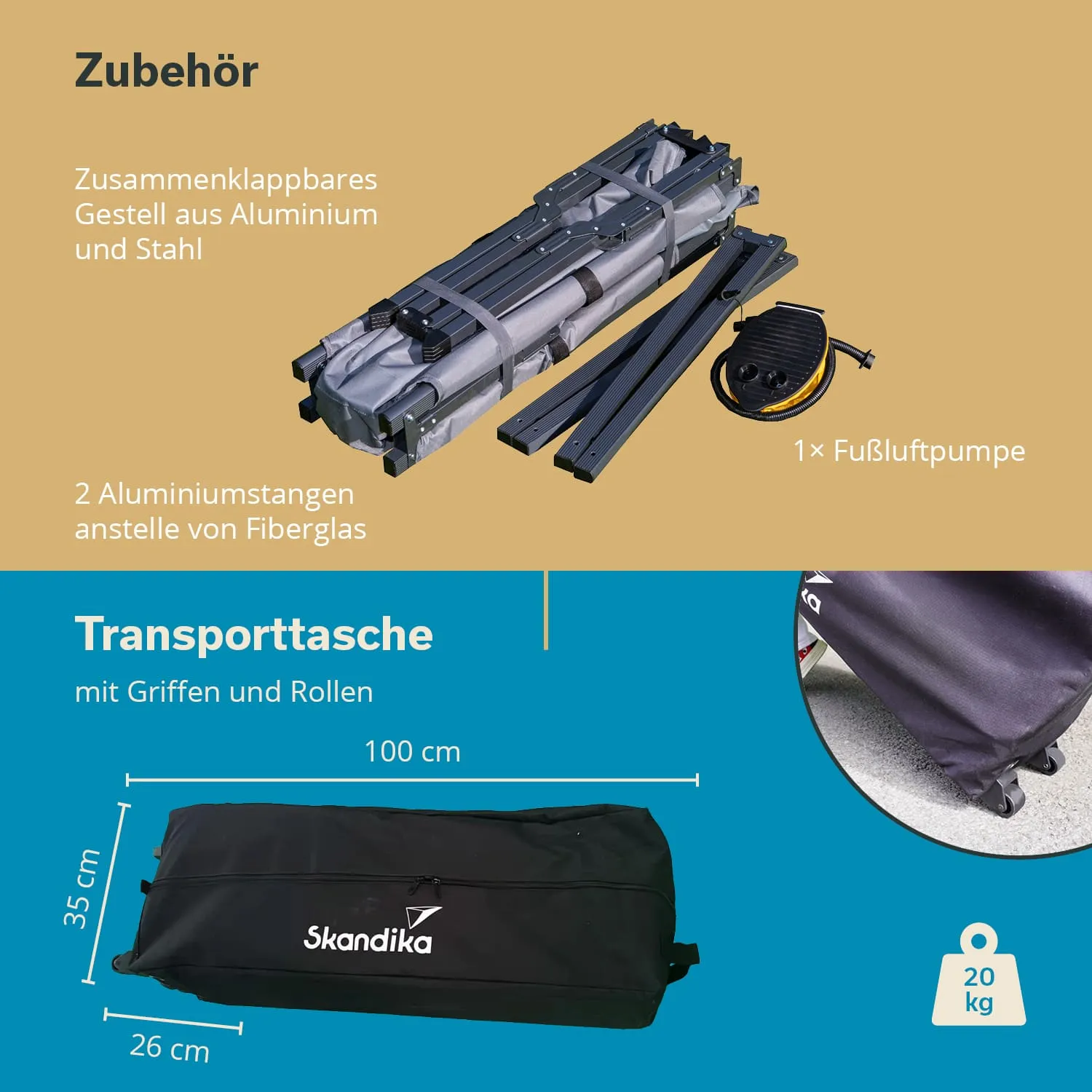 Zusammenklappbares Gestell aus Aluminium und Stahl, Fußluftpumpe, Transporttasche mit Griffen und Rollen. Maße: 100 cm x 35 cm x 26 cm.