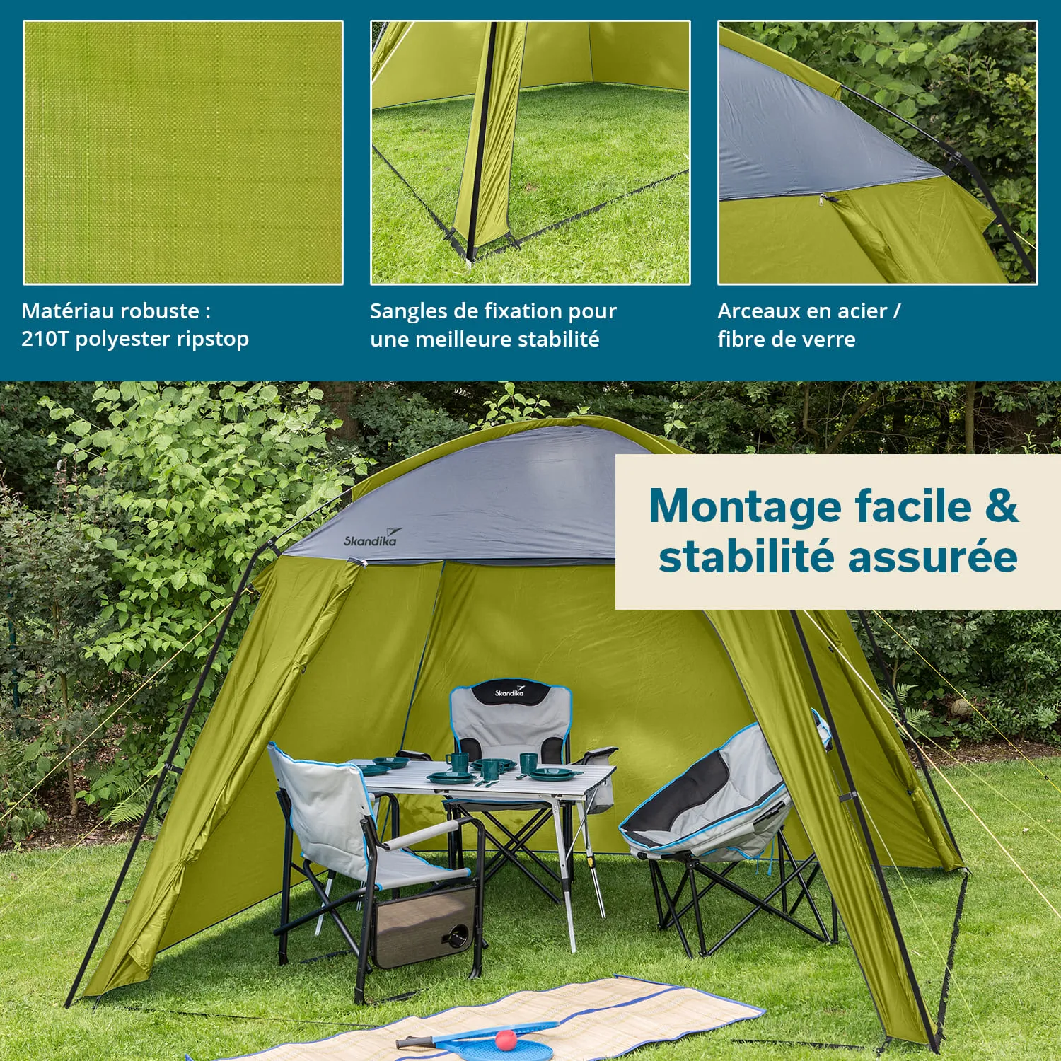 Gruene Gartenmarkise mit Stühlen und Tisch auf Rasen, umgeben von Bäumen. Textinformationen zu Materialien und Montage.
