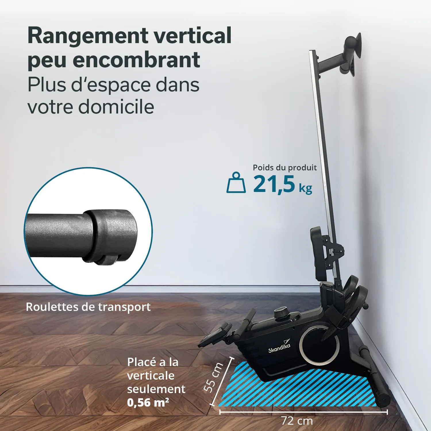 Fitnessgerät in vertikaler Position zur platzsparenden Aufbewahrung. Gewicht 21,5 kg, mit Maßangaben für die Stellfläche.