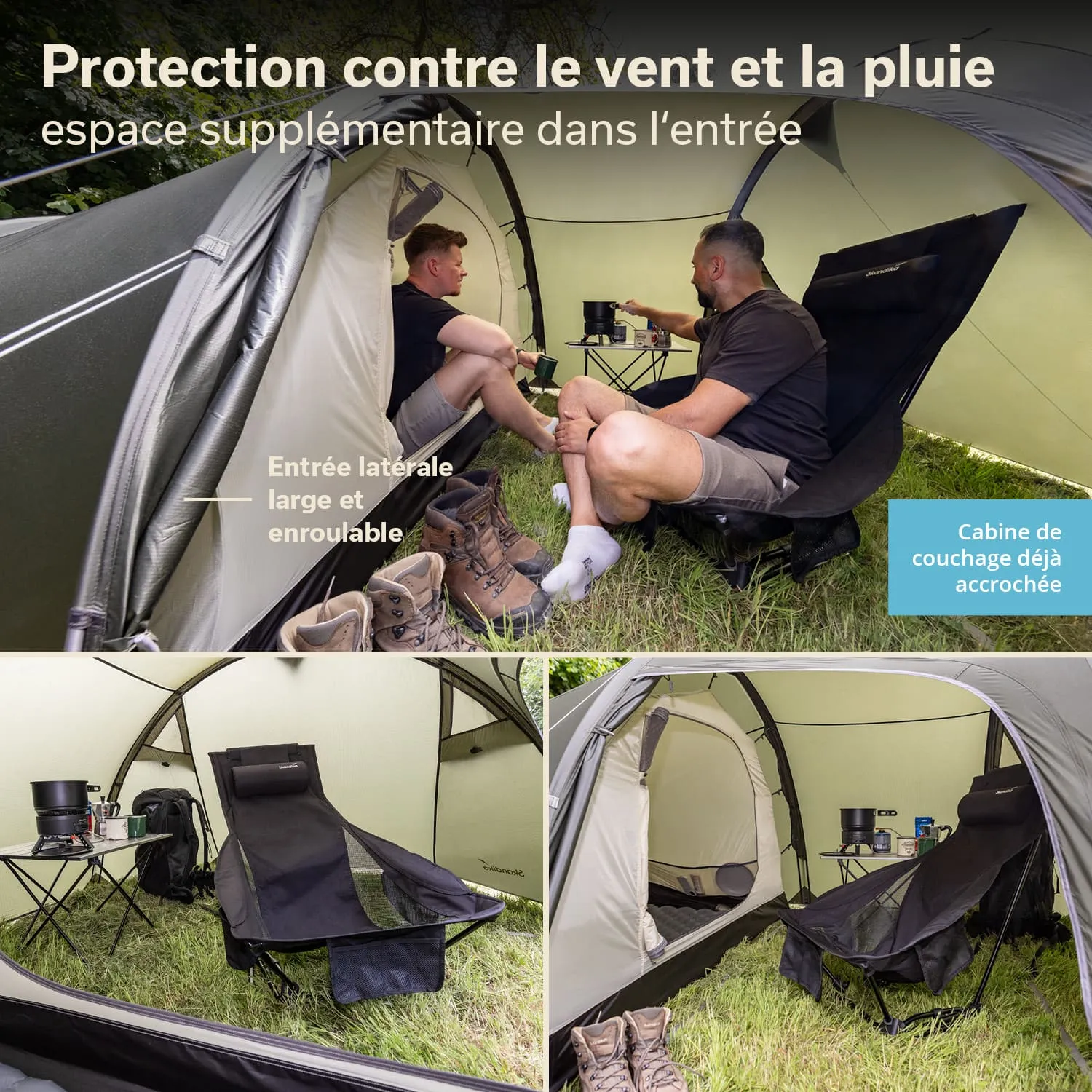 Zelt mit zwei Personen, die auf Stühlen sitzen. Neben ihnen steht ein Tisch mit Kochutensilien. Boots stehen am Zeltboden.