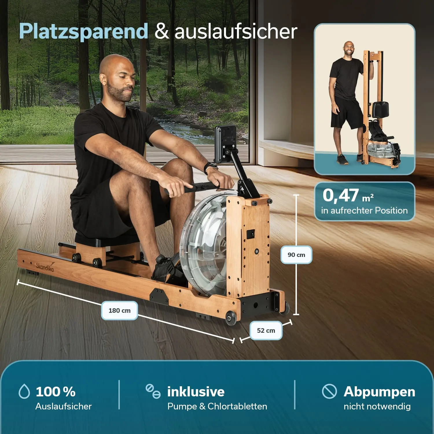 Rudergerät aus Holz mit einer Wasserkammer, ein Mann sitzt darauf und rudert. Hintergrund mit Fenstern und Waldansicht. Maße in der Darstellung.