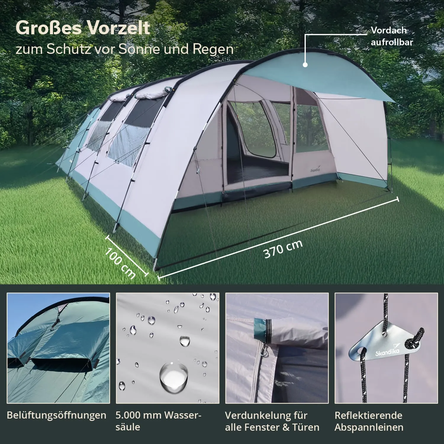 Vorzelte in einem grünen Umfeld, längliche Form mit gestreiftem Dach, Details zu Wasserbeständigkeit und Belüftung.