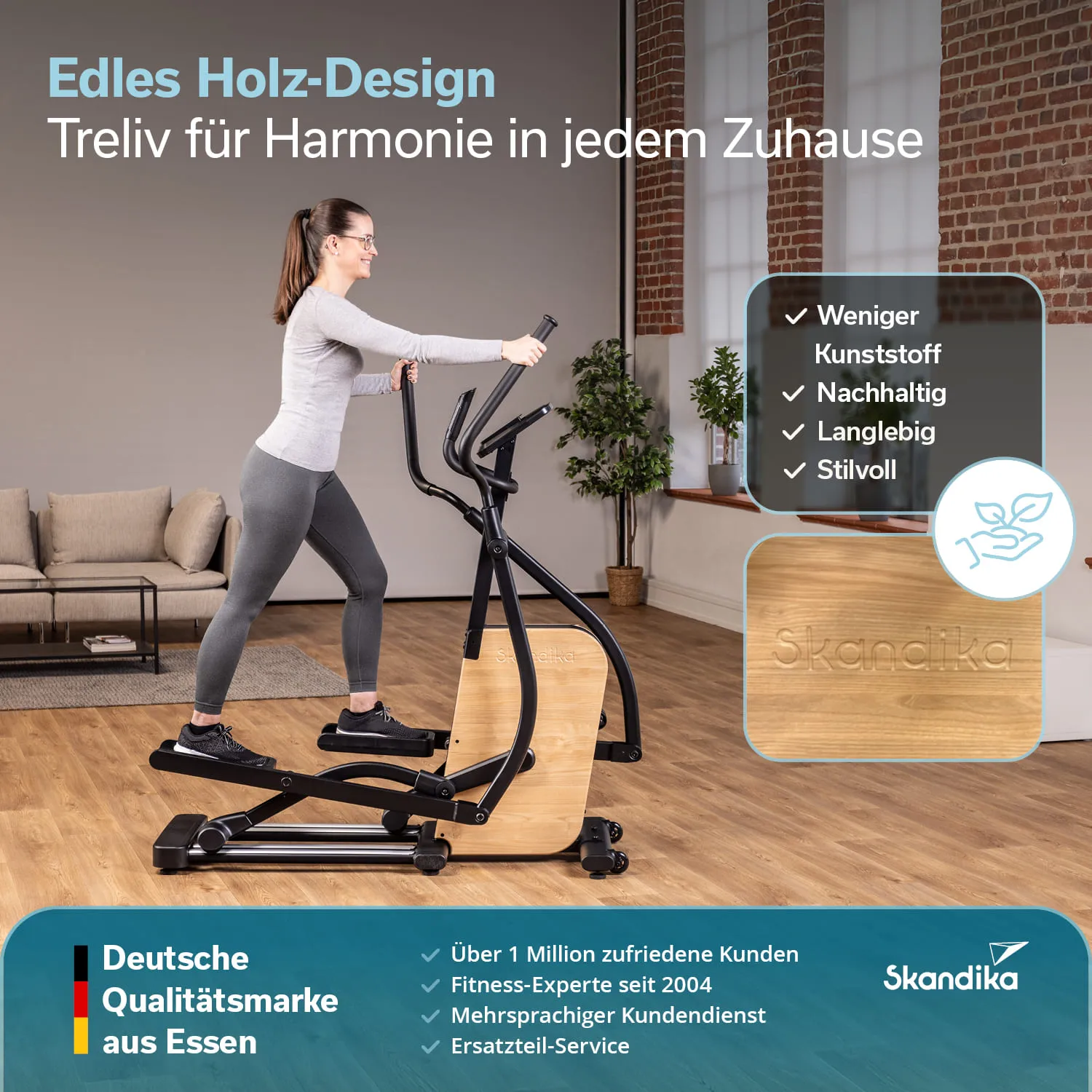 Eine Person verwendet ein Ellipsentrainer-Gerät aus Holzdesign in einem modernen Raum. Im Hintergrund sind ein Sofa und eine Pflanze sichtbar.