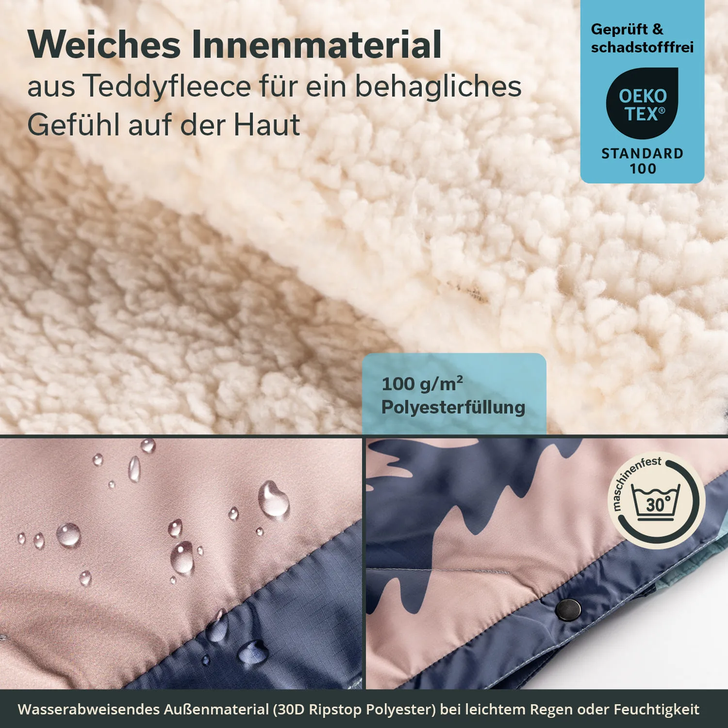 Weiches Teddyfleece-Innenmaterial auf hellem Untergrund. Wasserabweisendes Außmaterial in Camouflage-Design mit Wassertropfen.