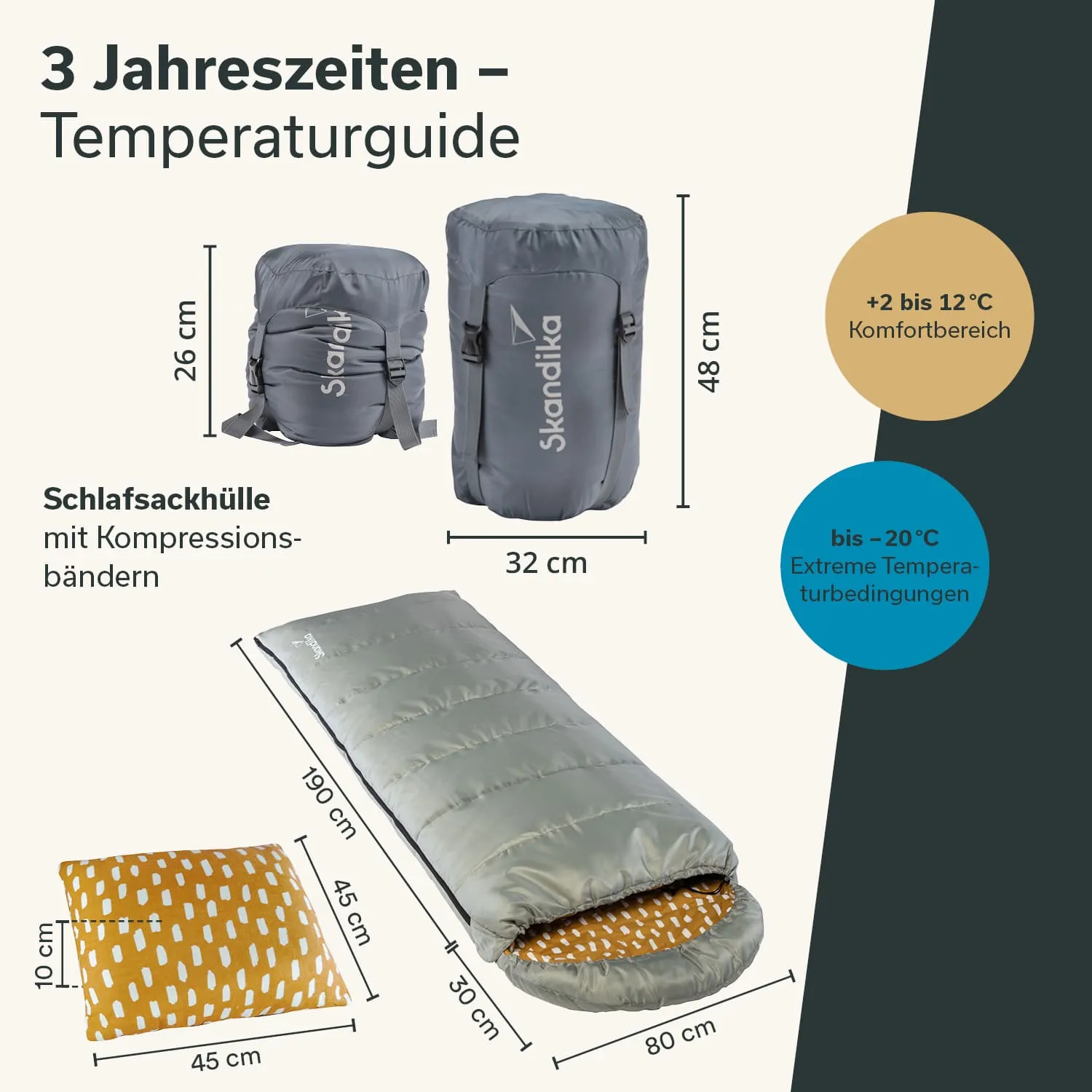 Schlafsack und Schlafsackhülle in Grau, Maße und Temperaturangaben sind dargestellt. Schlafsack hat ein Muster in Gelb.