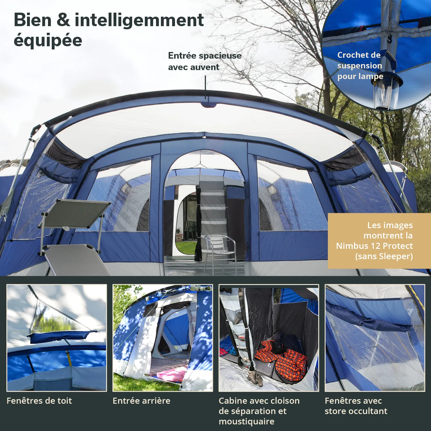Zelt in Blau mit großer Eingangsöffnung, Ausschnitt für Lampenaufhängung, mehrere Fenster und Innenraumansicht mit Trennwand.