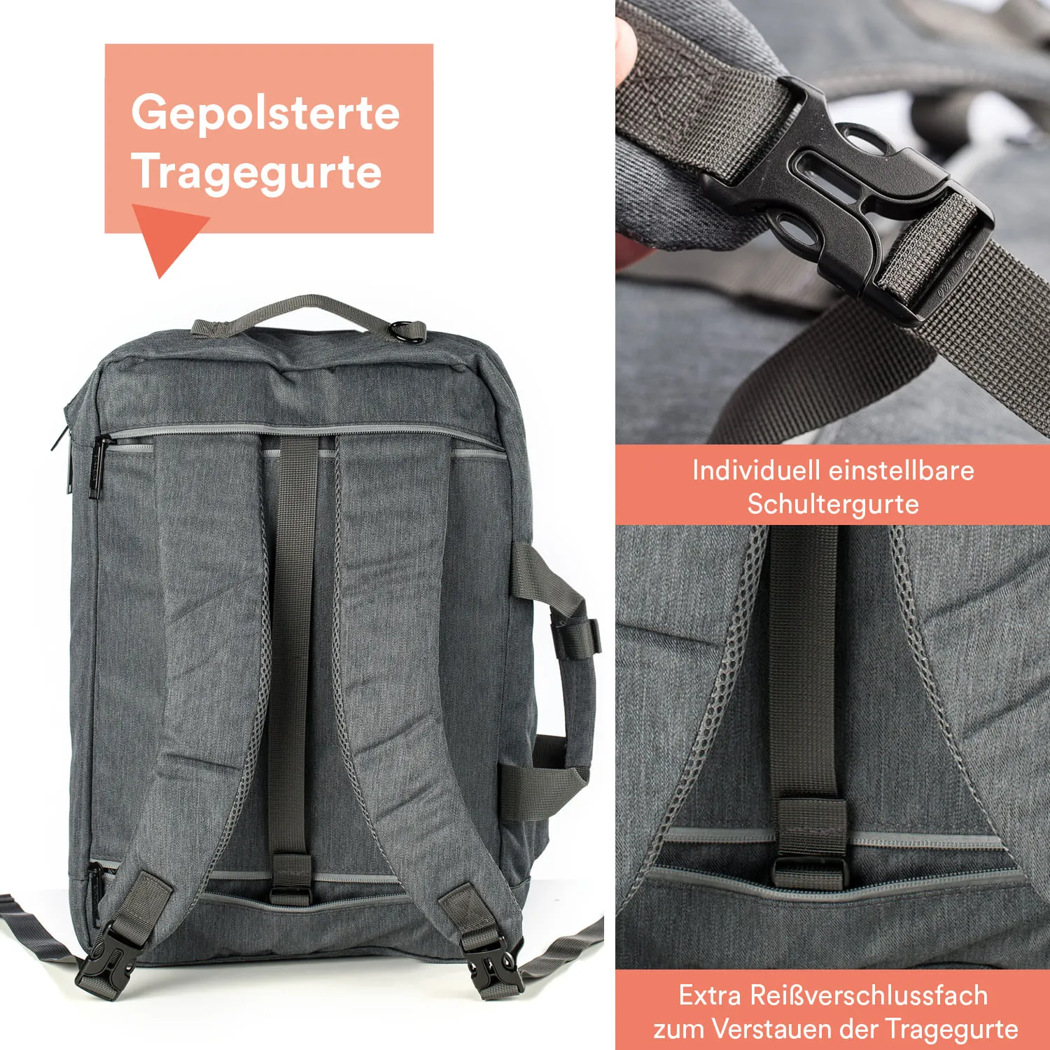 Grauer Rucksack mit gepolsterten, individuell einstellbaren Tragegurten und einem Reißverschlussfach zum Verstauen der Gurte.