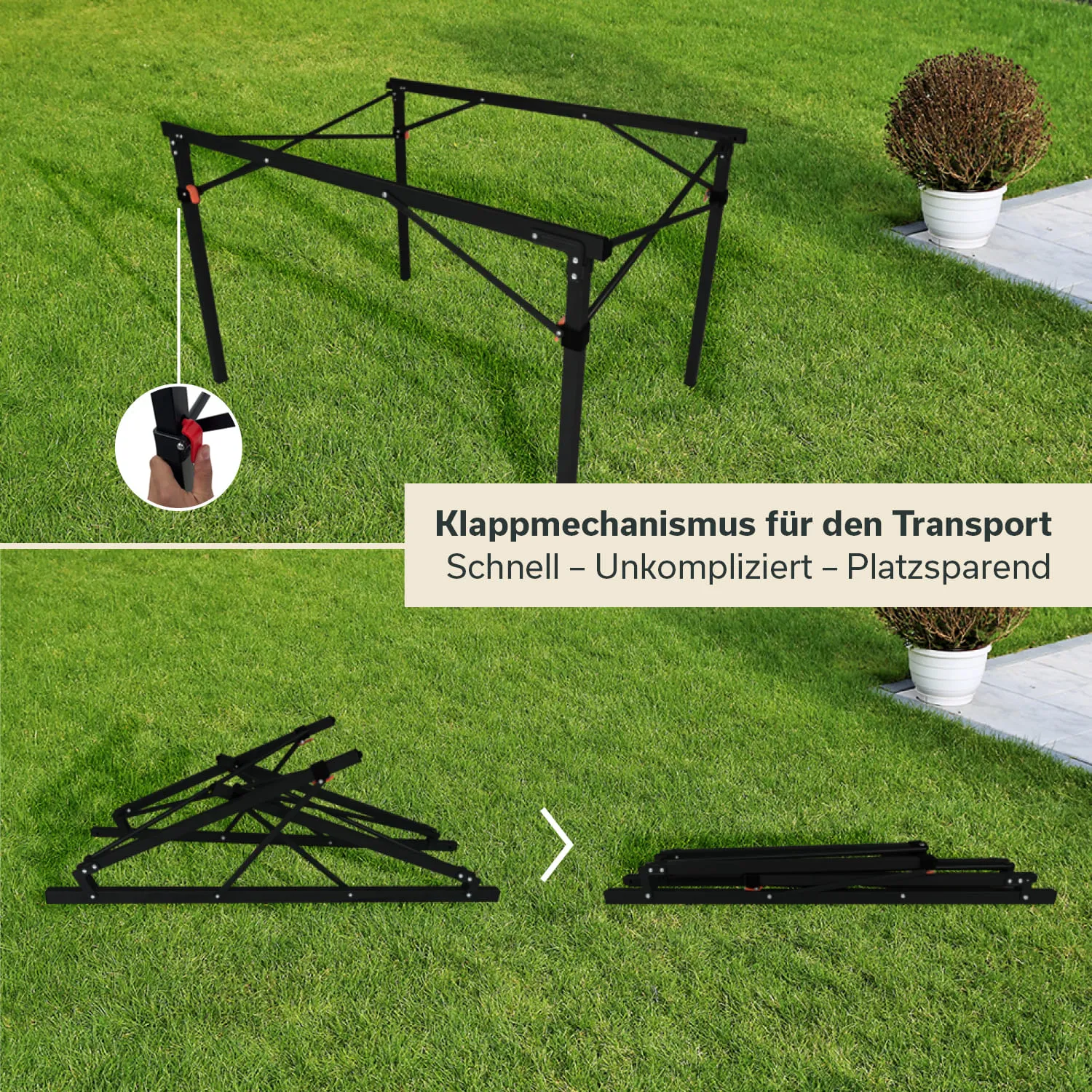 Faltgestell auf Rasen, zeigt Mechanismus für schnellen Transport. Oben unmontiert, unten zusammengeklappt.