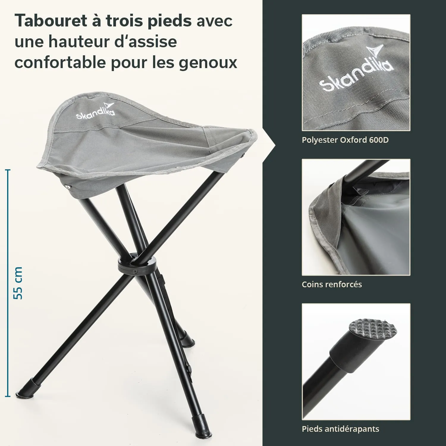 Dreibeiniger Hocker mit einer Sitzhöhe von 55 cm aus grauem Polyester, stabilen Ecken und rutschfesten Füßen.