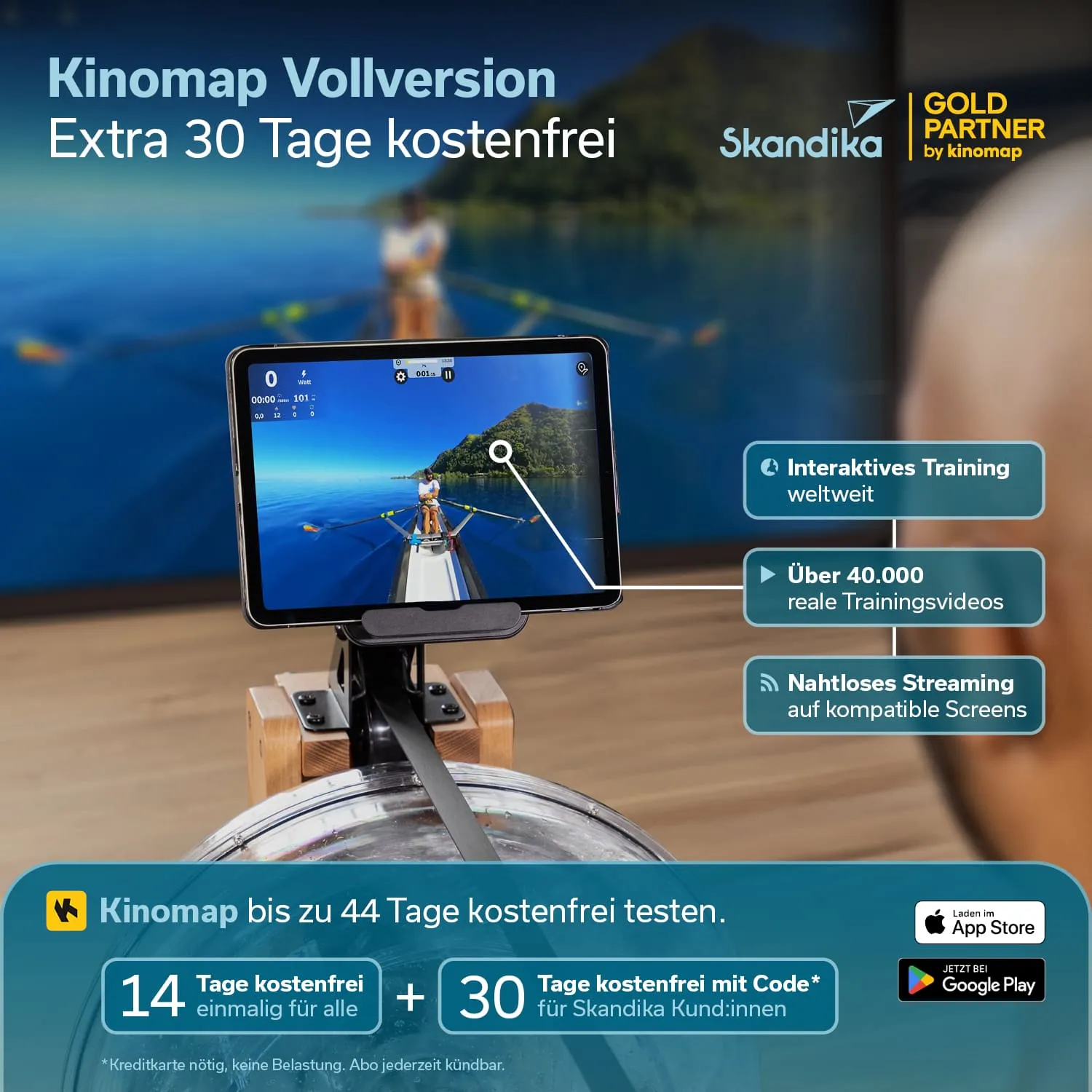 Tablet mit Sportanwendung zeigt Rudertraining auf Wasser. Im Hintergrund ein Bildschirm mit ähnlicher Szenerie. Infos zu Testangeboten.