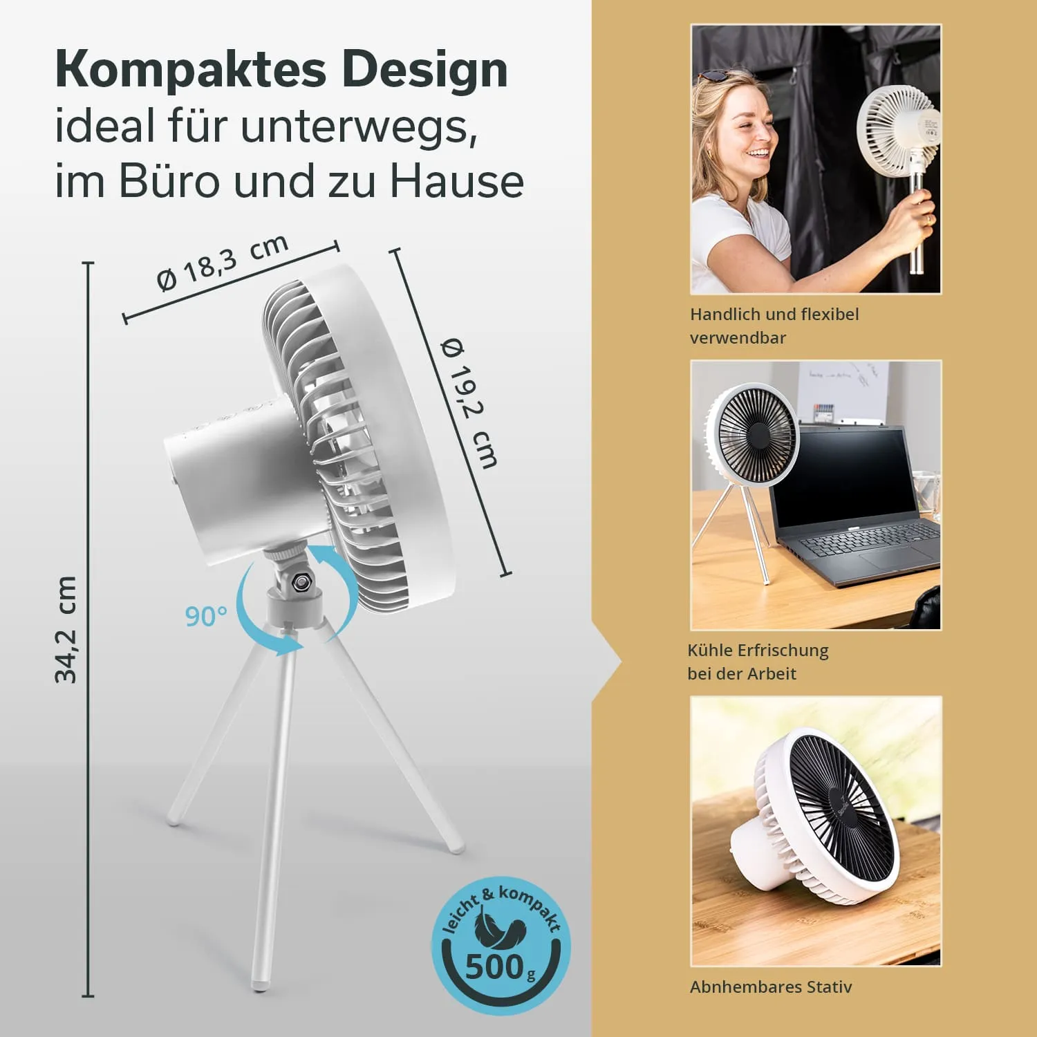 Ein Standventilator in weißer Farbe mit einem abnehmbaren Stativ. Nebenstehende Texte beschreiben das kompakte Design und die Flexibilität des Ventilators. Maße sind angegeben.