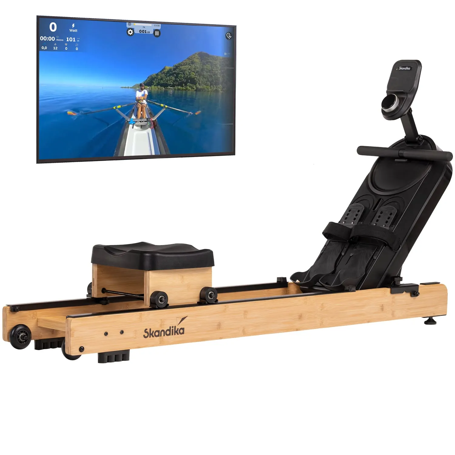 Rudergerät aus Holz mit einem schwarzen Sitz und Fußplatten, daneben ein Bildschirm mit einer Ruder-Simulation.