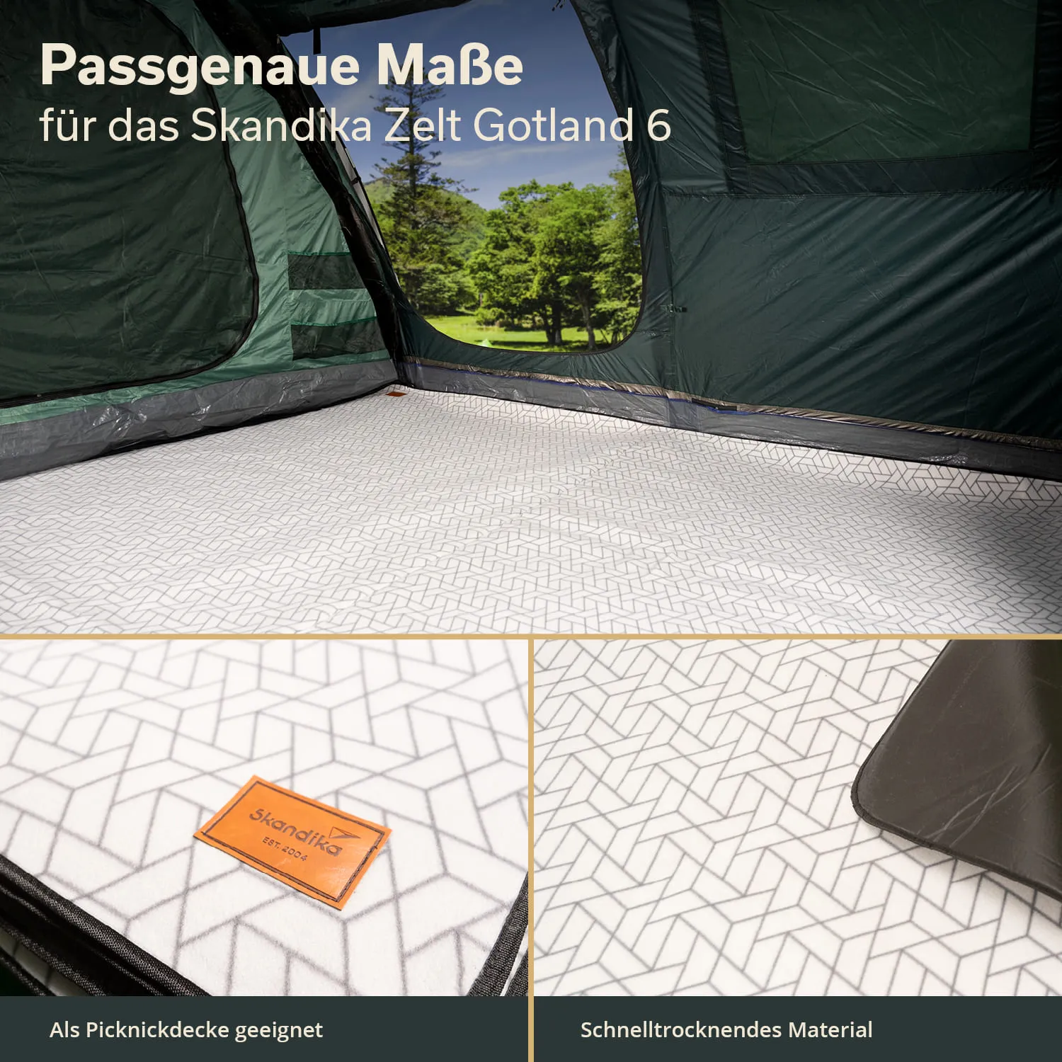 Zeltboden mit geometrischem Muster und Label. Zeltwände aus grünen Materialien. Sicht ins Freie mit Bäumen im Hintergrund.