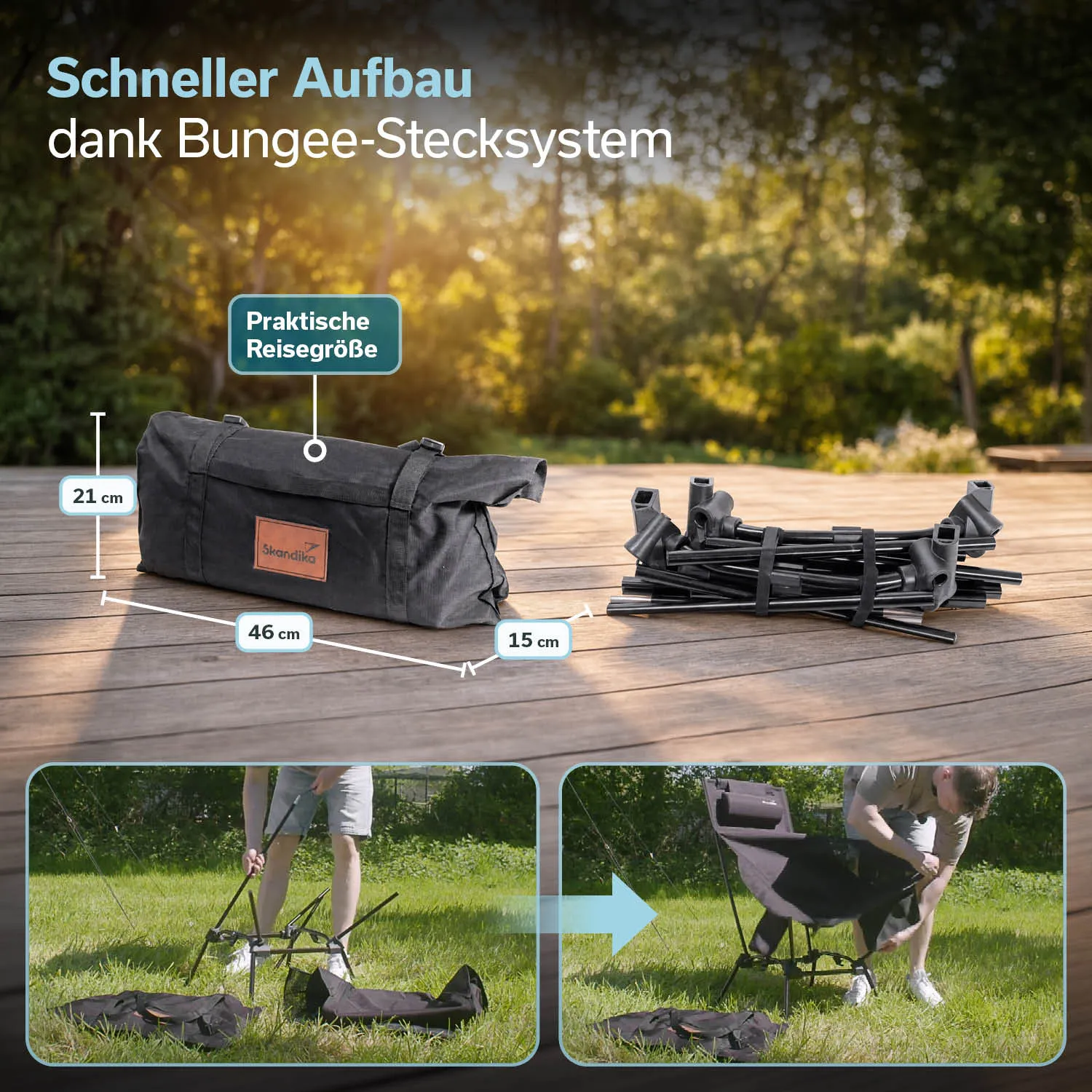 Zwei schwarze Organizer-Taschen auf einem Campingstuhl mit Netzmaterial, im Hintergrund eine Wiese und ein Tisch.